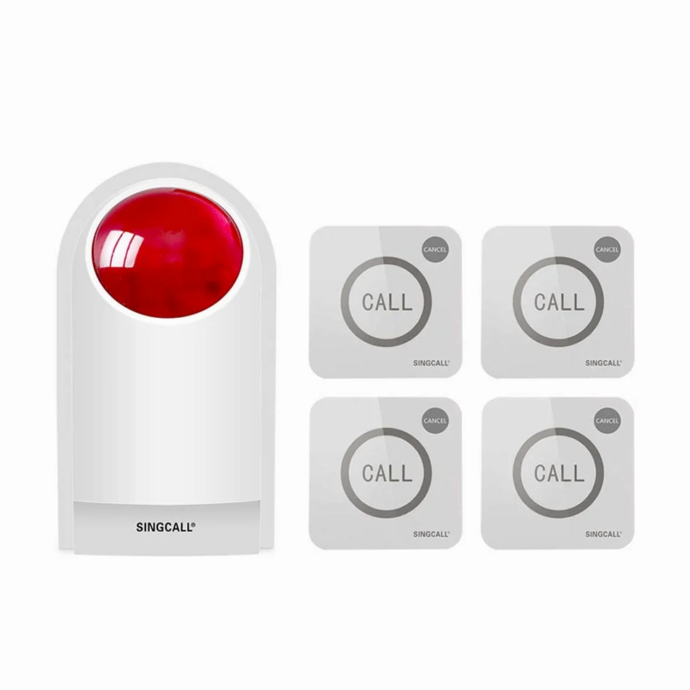 SINGCALL Syrena Stroboskopowa Alarm Głośny Zewnętrzny System Alarmowy SOS 1 Syrena, 4 Zdalny Przycisk Alarmowy, Przycisk Alarmowy do Zabezpieczenia Sklepu/Domu/Hotelu/Sklepu Jubilerskiego