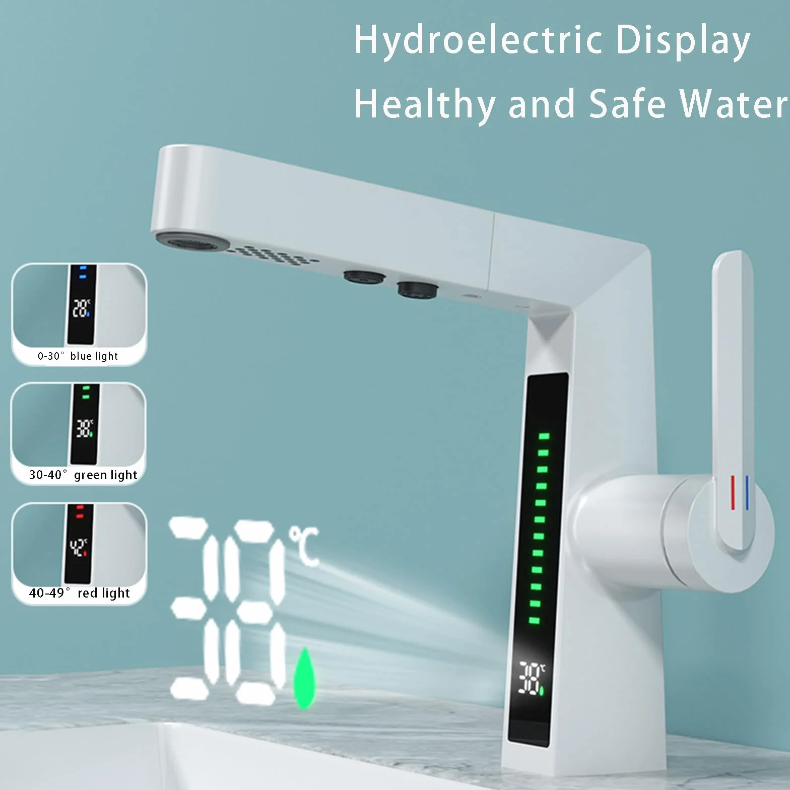Bateria do umywalki LED, bateria łazienkowa z wyciąganą wylewką, cyfrowy wyświetlacz temperatury, mosiężna bateria umywalkowa z 2 trybami natrysku, pojedynczy uchwyt