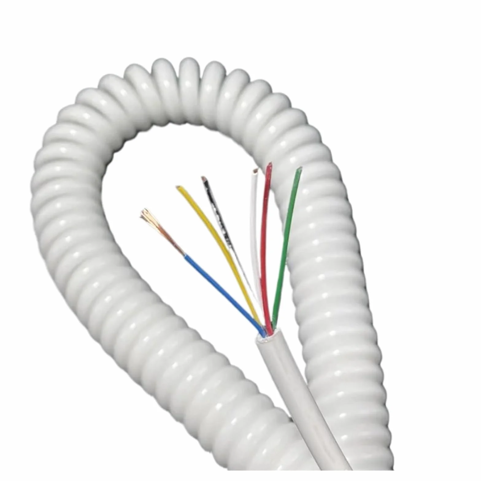 Teleskopowy kabel sprężynowy spiralny | 6-rdzeniowy elastyczny kabel elastyczny biały, 24 AWG, 1-14 m (rozciągliwy 3 metry)