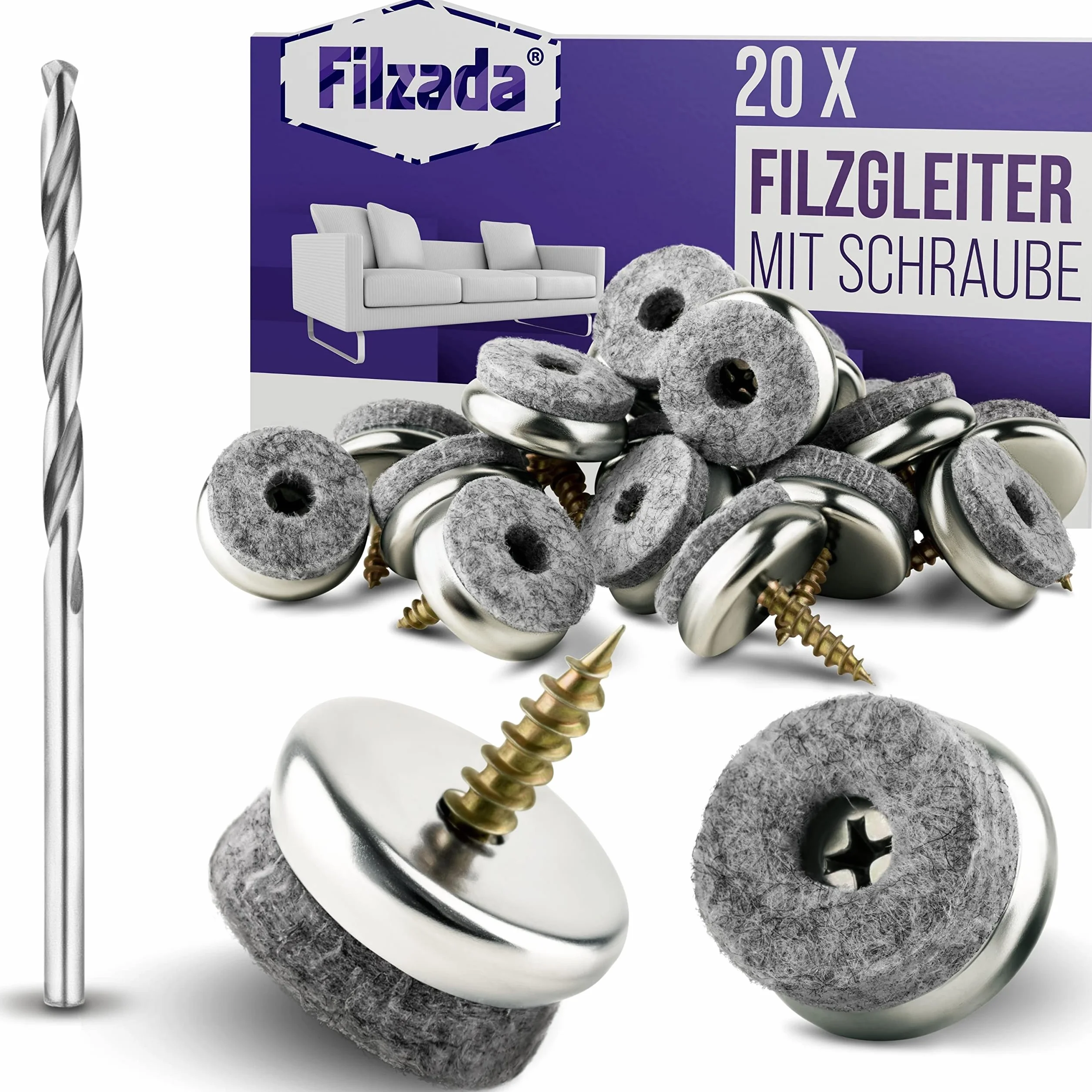 Filzada® 20x wkręty do ślizgaczy filcowych - Ø 22 mm - profesjonalny ślizgacz do krzeseł/ochraniacz nóg krzeseł filcowy z wkrętem - wiertło w zestawie