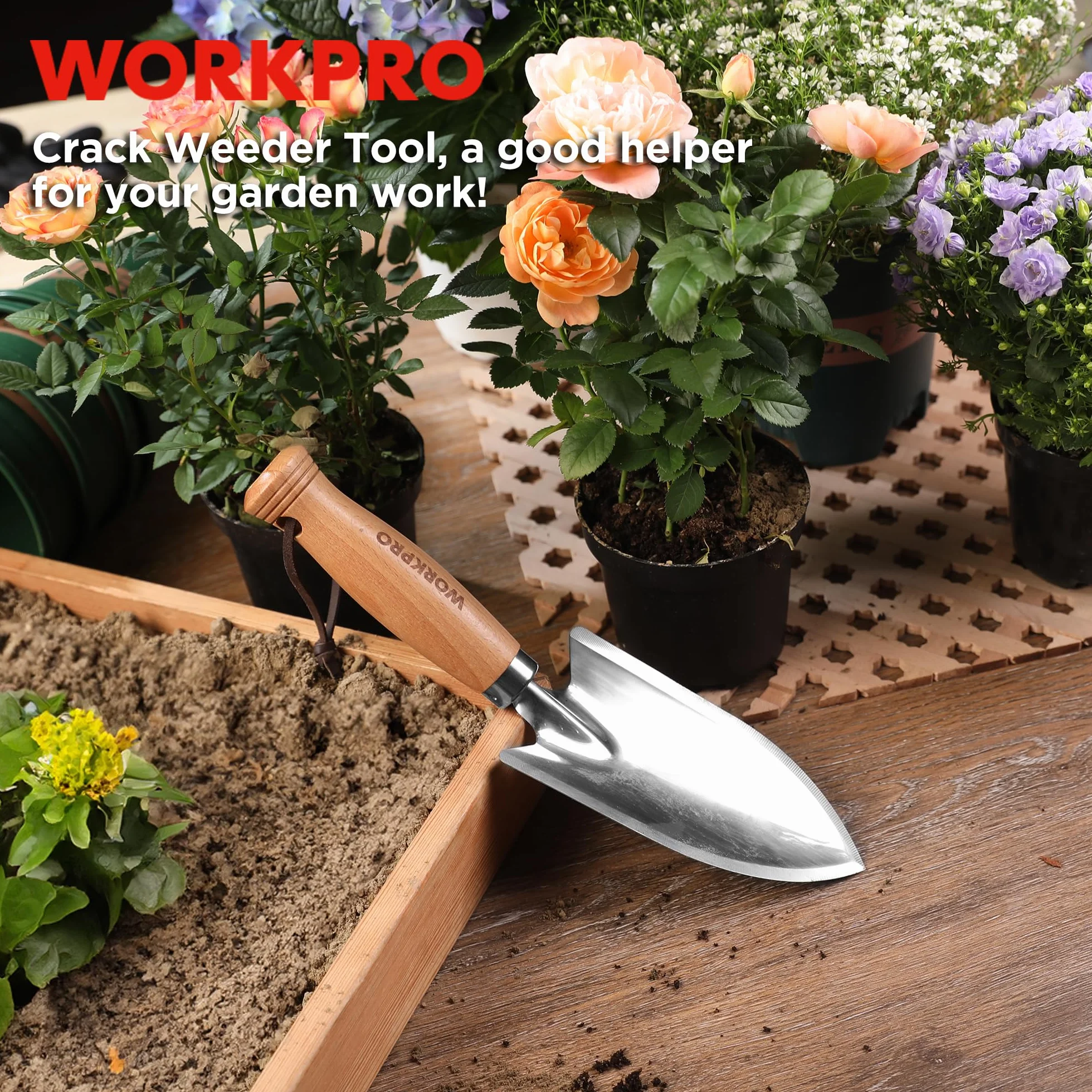 WORKPRO Ręczna łopatka ogrodowa ze stali nierdzewnej z drewnianą rączką do kopania i sadzenia