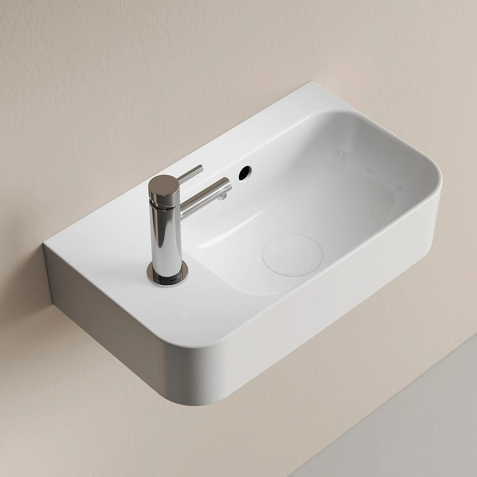 EMKE Umywalka wisząca 450 x 265 x 155 mm - kompaktowa i elegancka umywalka do małych łazienek i toalet dla gości - bateria lewa, montaż ścienny, błyszcząca biel