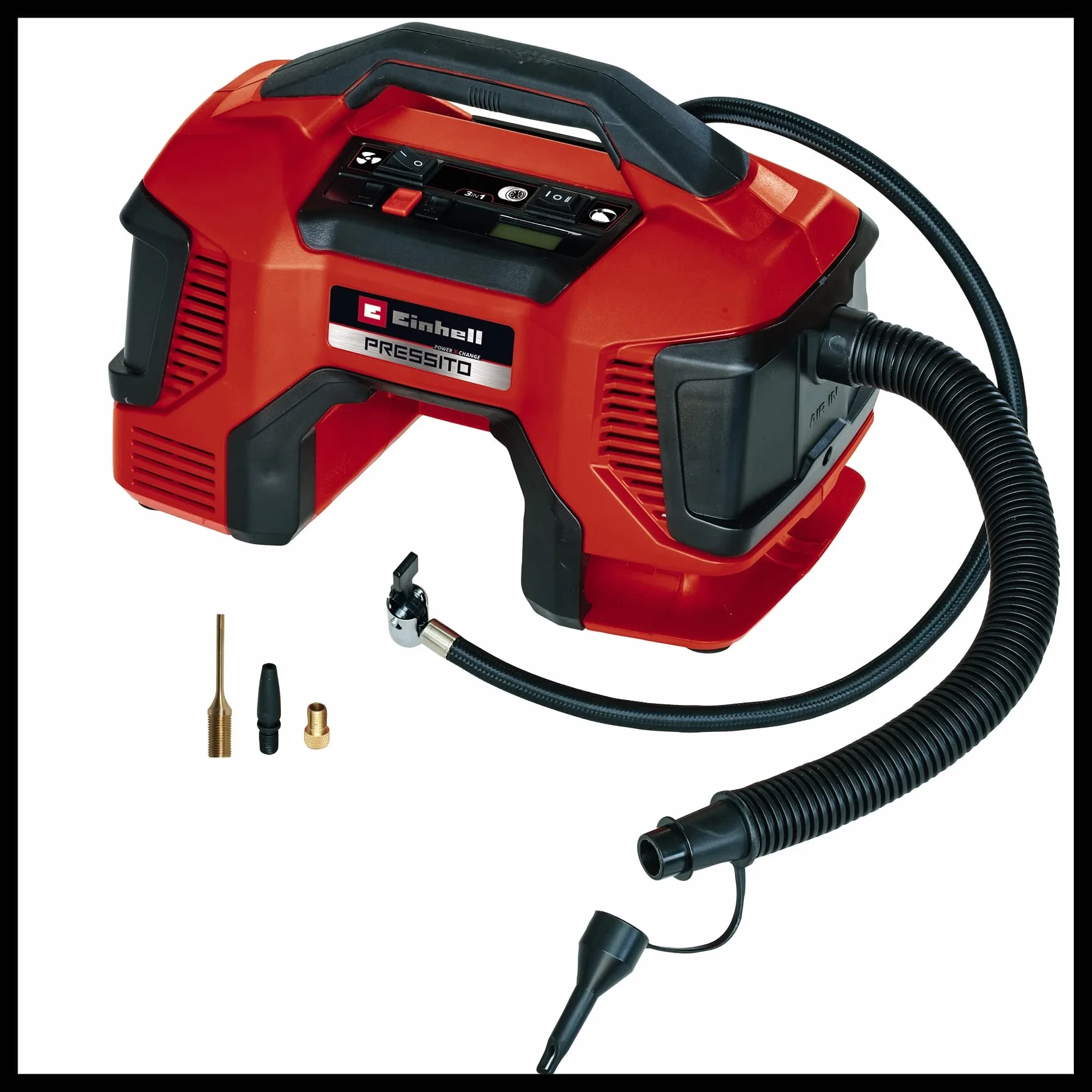 Einhell Kompresor akumulatorowy PRESSITO 18/21 Power X-Change (Li-Ion, 18 V, pompa wysokiego i niskiego ciśnienia, cyfrowy wyświetlacz, funkcja automatycznego wyłączania, bez akumulatora i ładowarki)