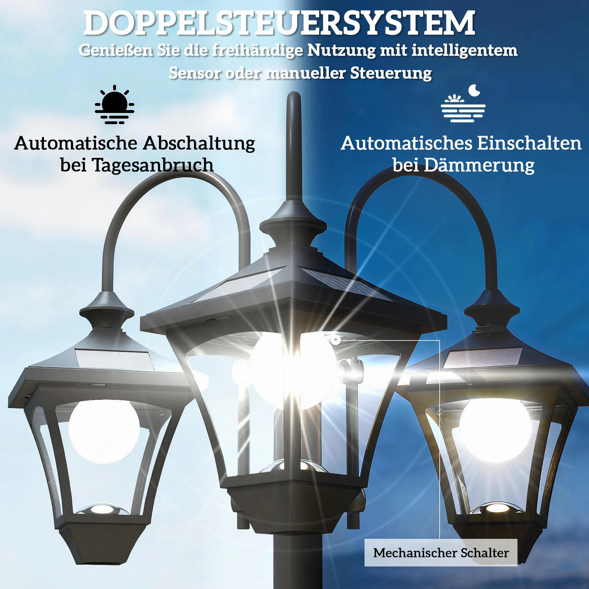 Outsunny Solarna latarnia, lampa stojąca z doniczką, 185 cm, z regulacją wysokości, zewnętrzna latarnia ogrodowa z 3 głowicami lampy, sterowanie światłem, przełącznik IP44, latarnia solarna do ogrodu