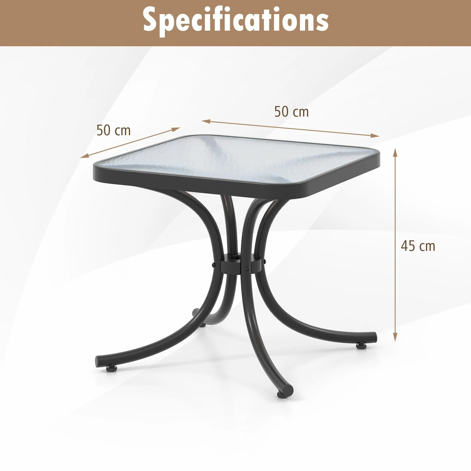 GIANTEX Stolik ogrodowy 50 cm, kwadratowy stolik kawowy z blatem ze szkła hartowanego, wytrzymała metalowa rama, stolik do kawy na zewnątrz do ogrodu, balkonu, basenu, czarny