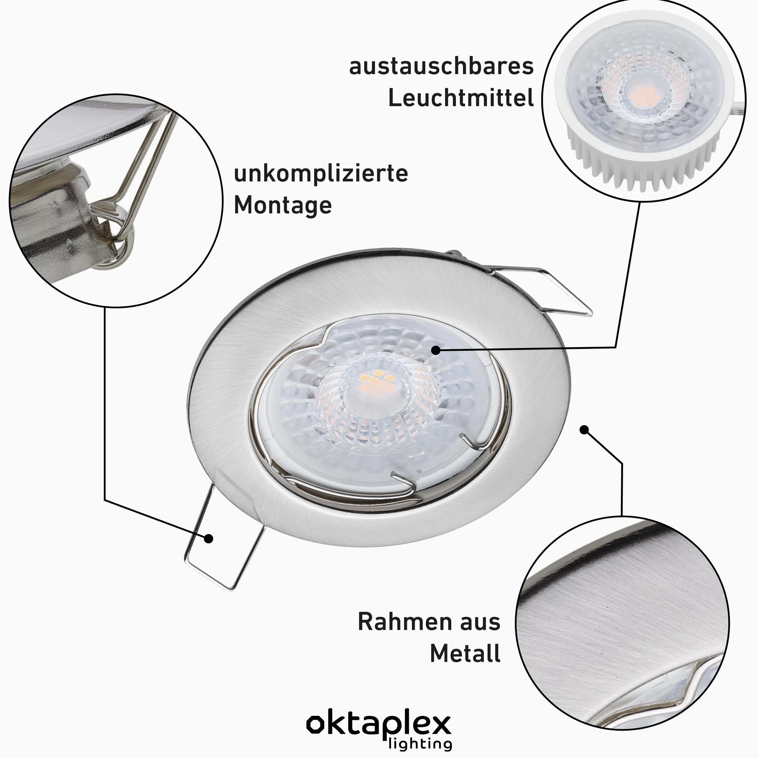 Oktaplex Lighting Zestaw 12 reflektorów LED do zabudowy 230 V – bezstopniowe ściemnianie – 4,9 W 4000 K 370 lm neutralna biel – spot sufitowy stal szlachetna szczotkowana wymiar otworu 60 mm