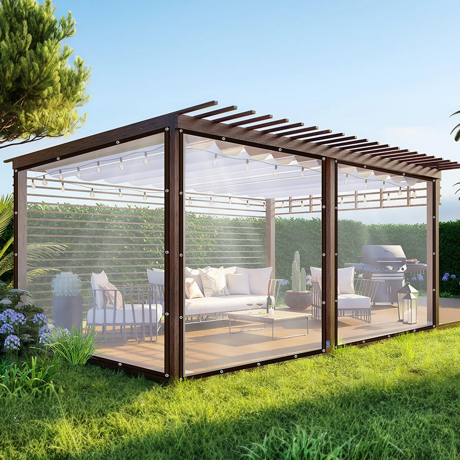 Przezroczysta plandeka z oczkami, 2 x 4 m, ochrona przed wiatrem, wodoszczelna, przezroczysta plandeka z napinaczem do plandek, na zewnątrz, na taras, do ogrodu, na balkon, kemping