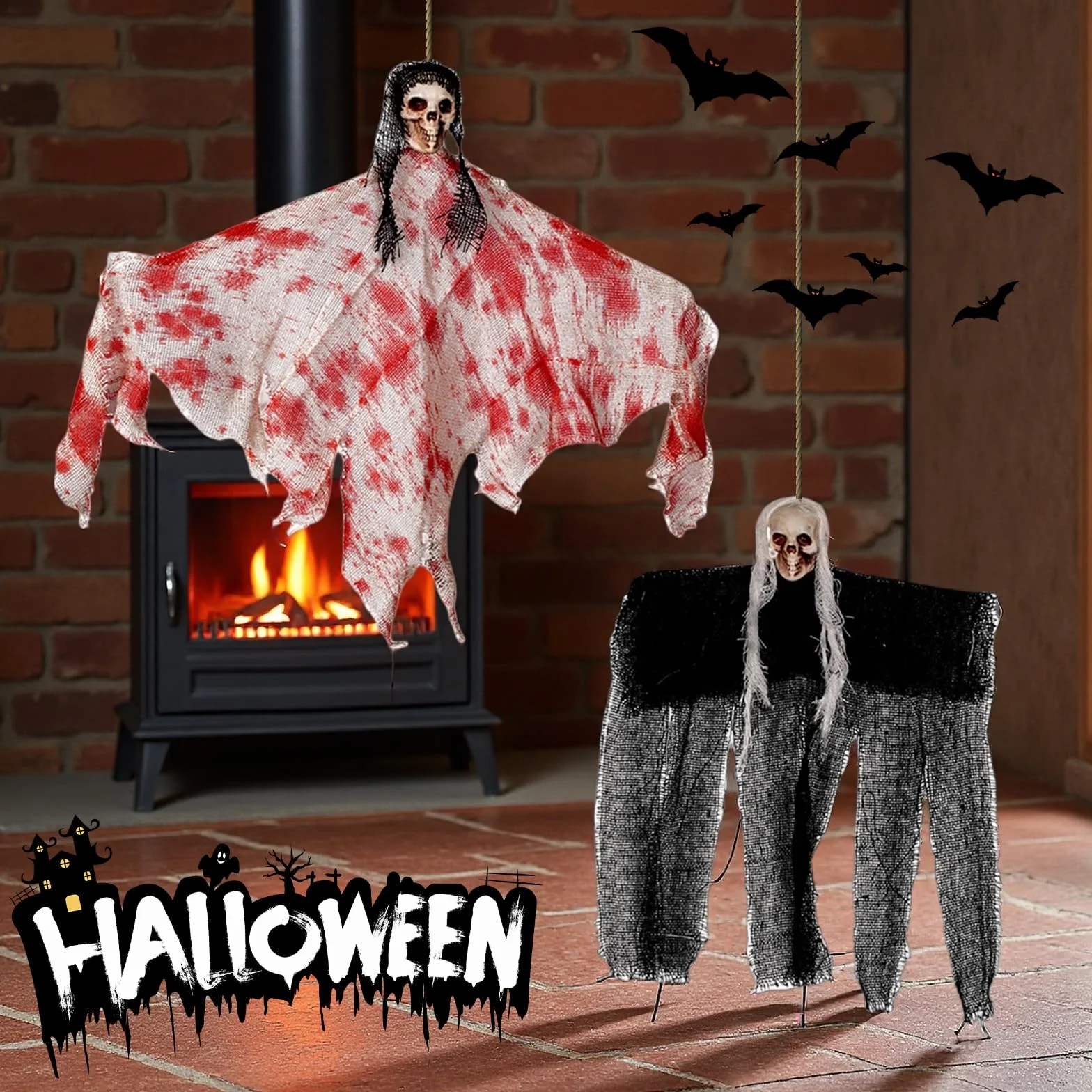 Wiszące dekoracje na Halloween, duch, latający duch do dekoracji nawiedzonego domu, do wewnątrz, na zewnątrz, podwórko, ogród, dekoracje imprezowe na Halloween, 2 szt