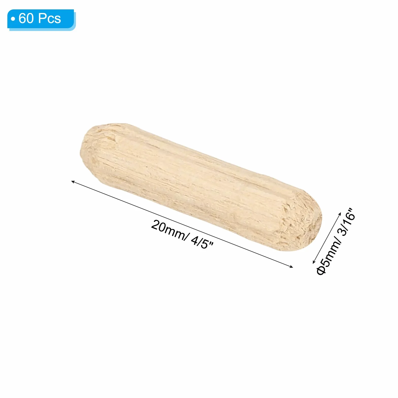 PATIKIL Zestaw kołków drewnianych 3/16" x 4/5" (5 x 20 mm), zestaw 60 kołków do drewna, rowkowanych kołków drewnianych, prostych drążków do mebli, drzwi, projektów rzemieślniczych