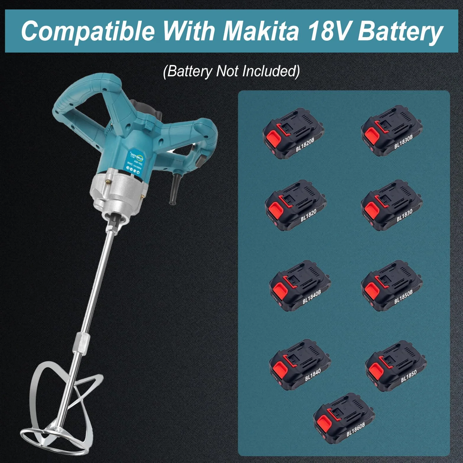Akumulatorowy mieszacz do zaprawy malarskiej, kompatybilny z baterią Makita 18 V, elektryczny mieszacz zaprawy z 6 prędkościami, 3200 W, maks. 1200 obr./min, mieszacz zaprawy do cementu, betonu i