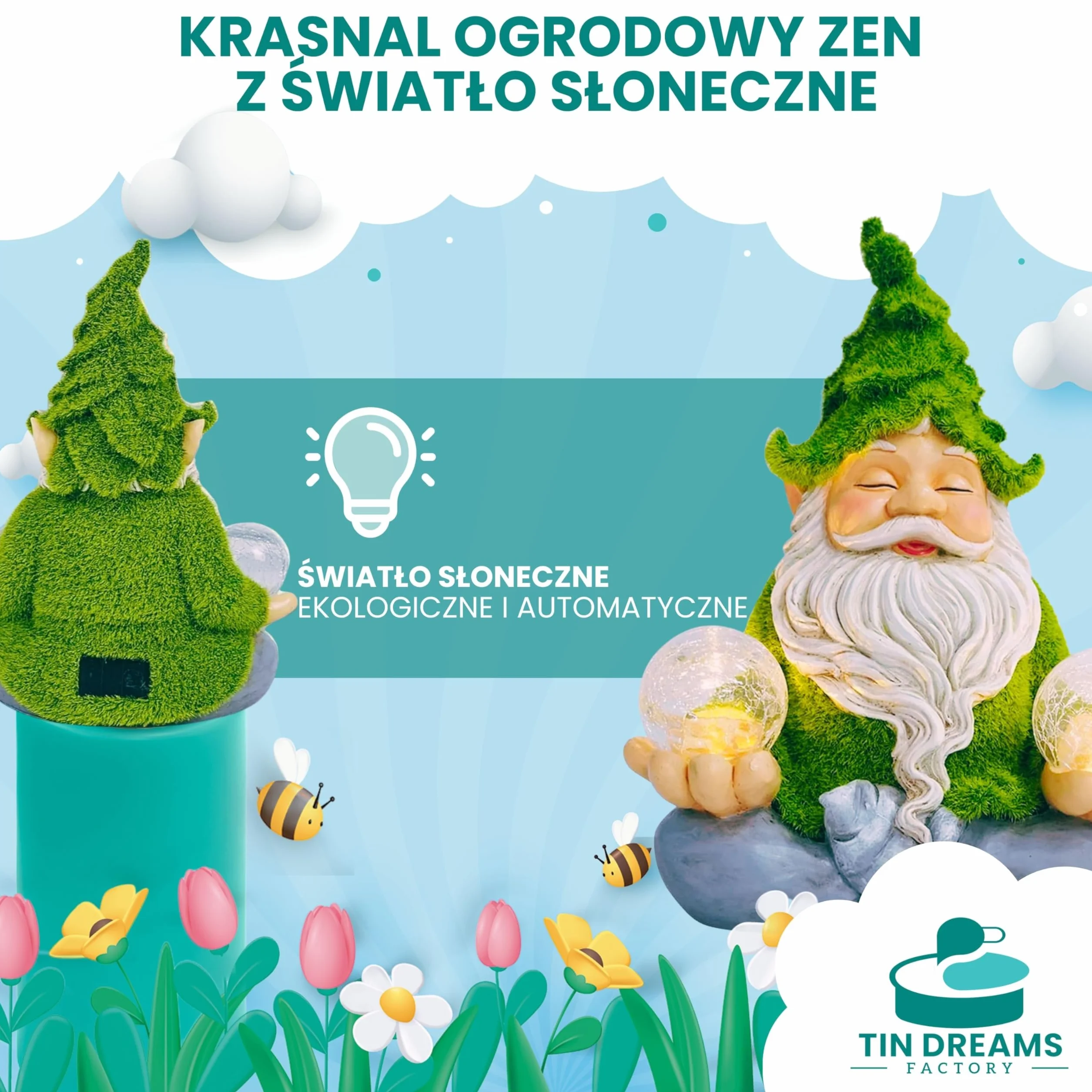 Krasnal ogrodowy Zen z światłem solarnym – dekoracyjna figurka ogrodowa z żywicy – krasnal zewnętrzny z podświetlaną bańką LED – zabawna ozdoba do ogrodu, na patio i taras