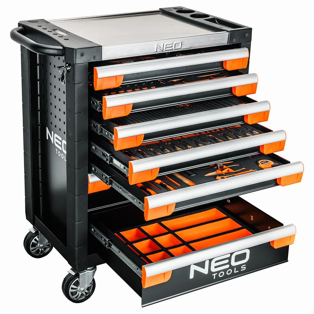NEO TOOLS PRO wózek warsztatowy wyposażony w 329 części, 7 szuflad, profesjonalna szafka narzędziowa, stal SPCC, aluminiowy blat roboczy, wkładki EVA, nośność 300 kg