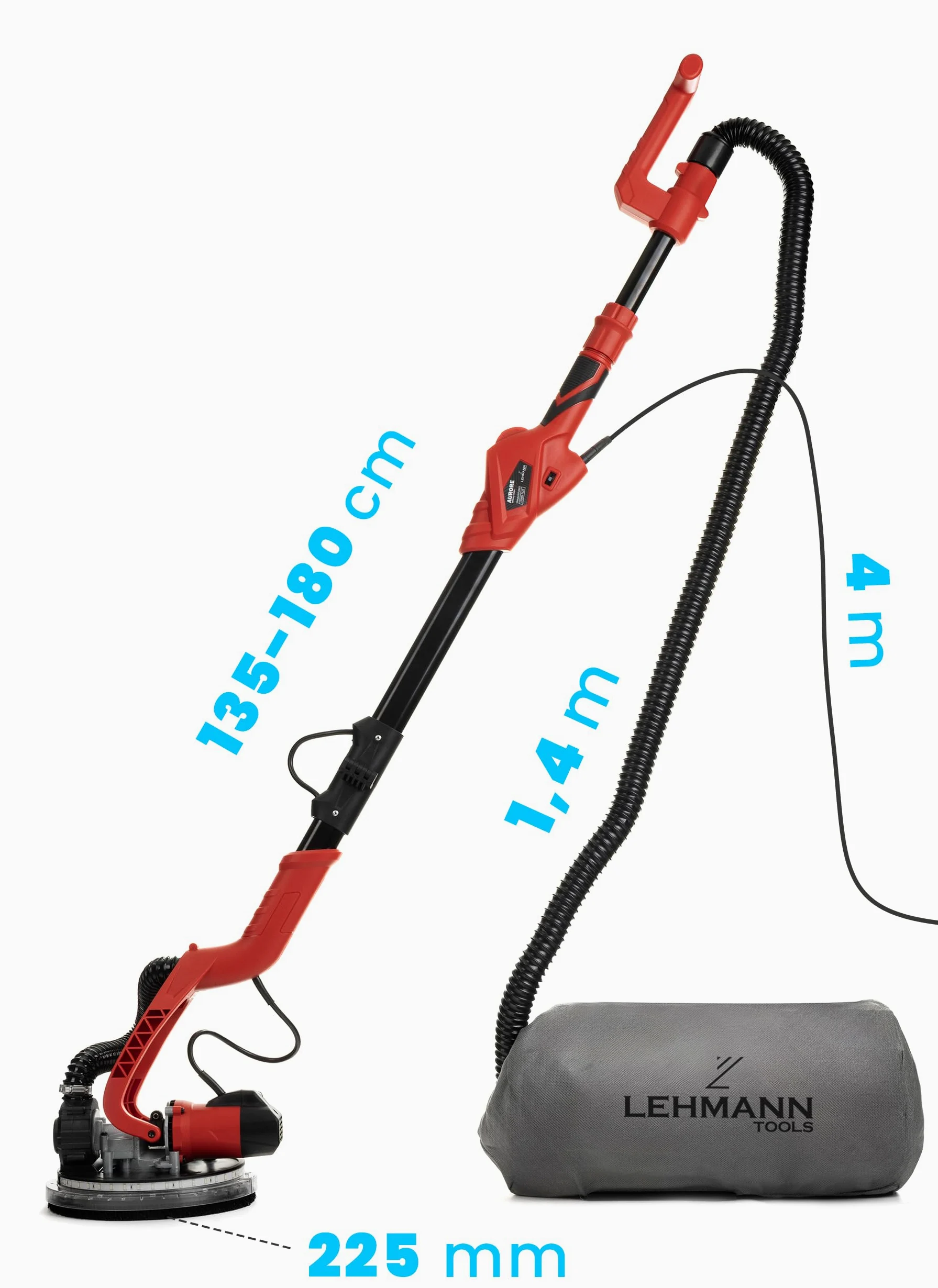 Lehmann LTOWG-7122 szlifierka do gipsu żyrafa z diodami LED i uchwytem teleskopowym, z systemem odsysania 1800 W, szlifierka do gipsu, gładzi, tynku, ścian, kartongipsu