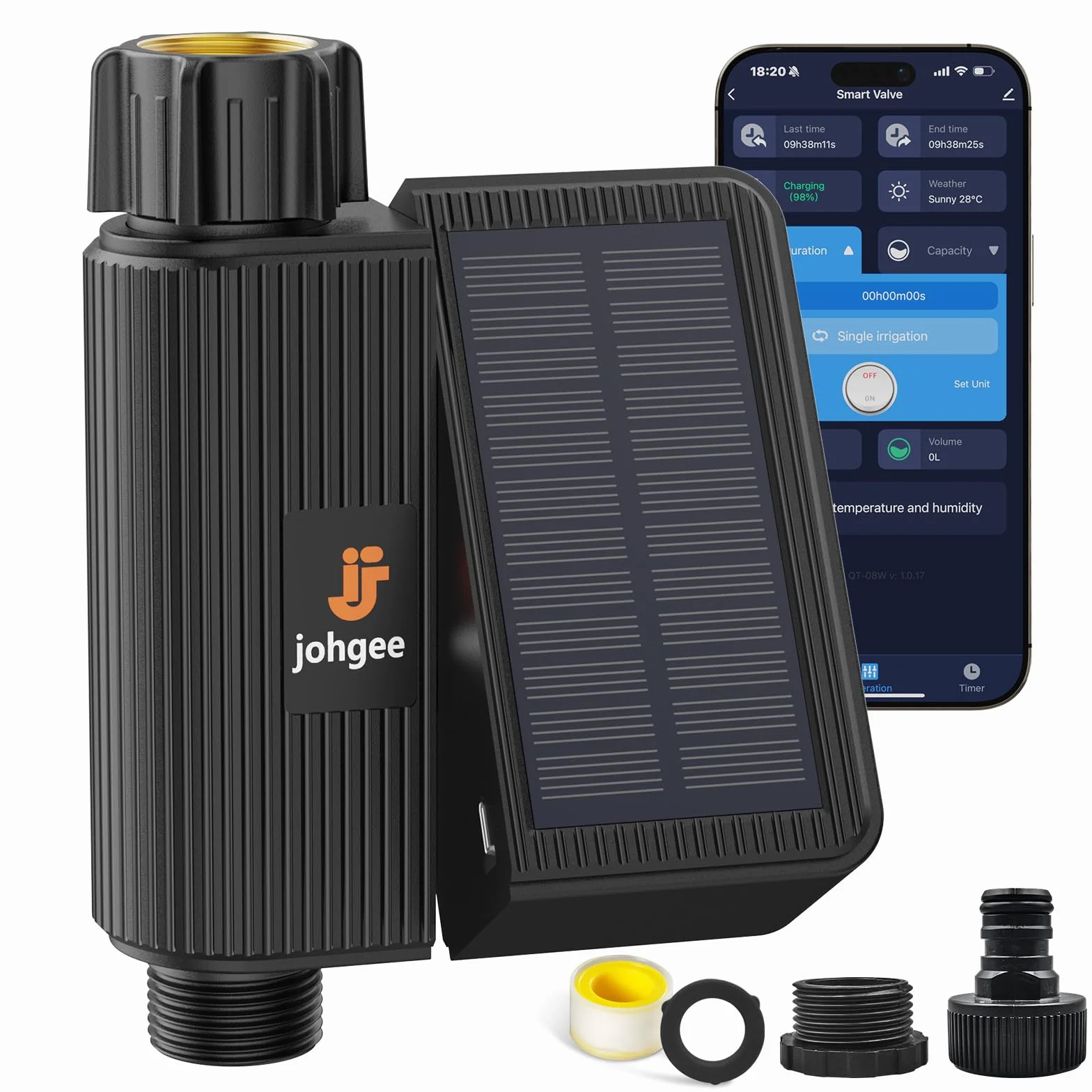 johgee Solarny sterownik nawadniania, Wi-Fi, inteligentny zegar nawadniający, kompatybilny z ogrodem