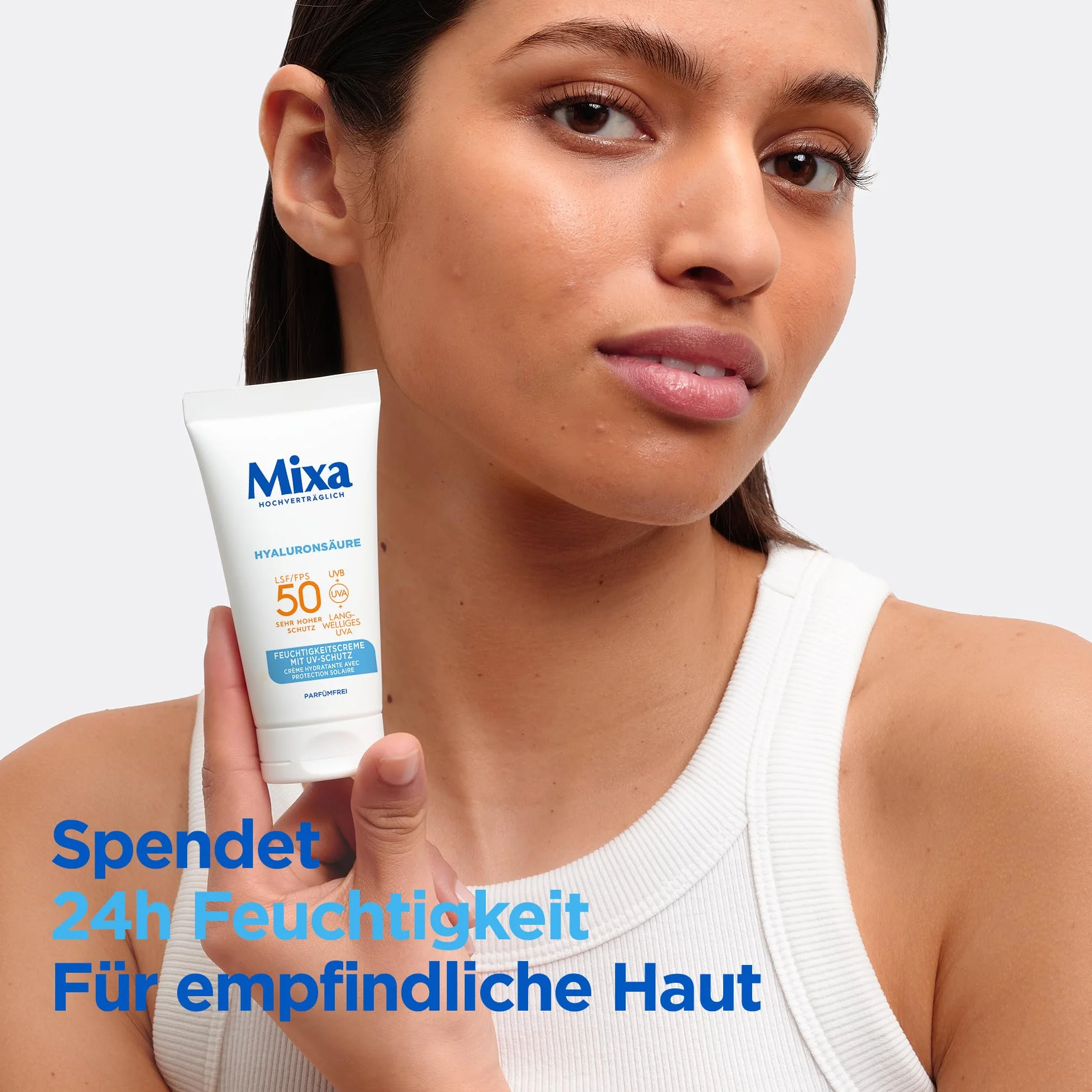 Mixa UV 50 pielęgnacja skóry wrażliwej, ochrona przed promieniowaniem UVB + UVA + Long UVA, SPF 50, z kwasem hialuronowym, nadaje się do twarzy i szyi, hipoalergiczny, 50 ml
