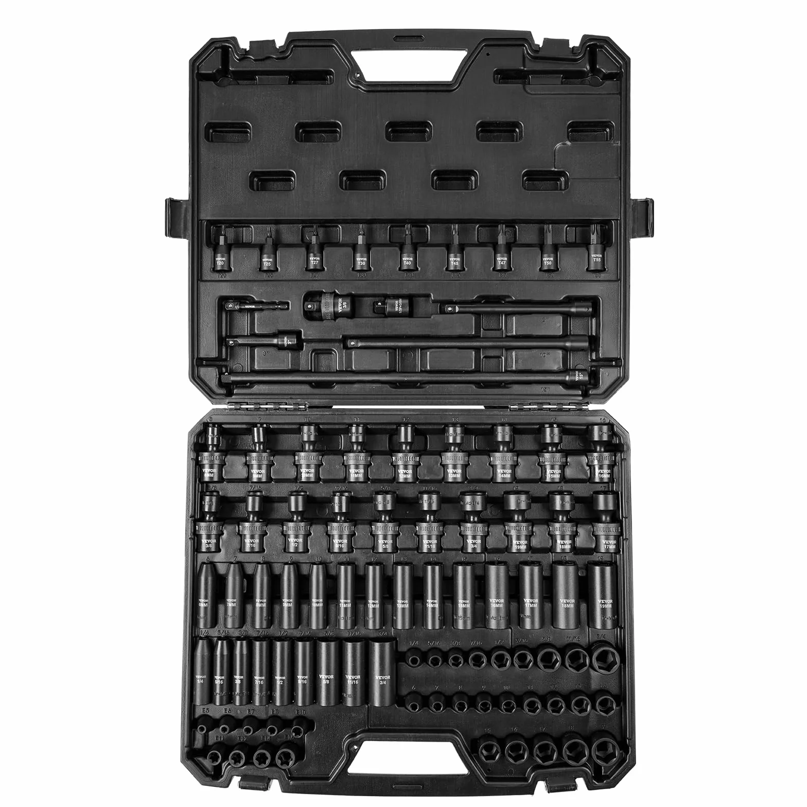 VEVOR Zestaw nasadek udarowych 3/8", 90-częściowy zestaw nasadek SAE 1/4"-3/4" i metryczne 6-19 mm, 6-punktowa stal stopowa Cr-Mo do automatycznej naprawy, zawiera pręty przedłużające, uniwersalny