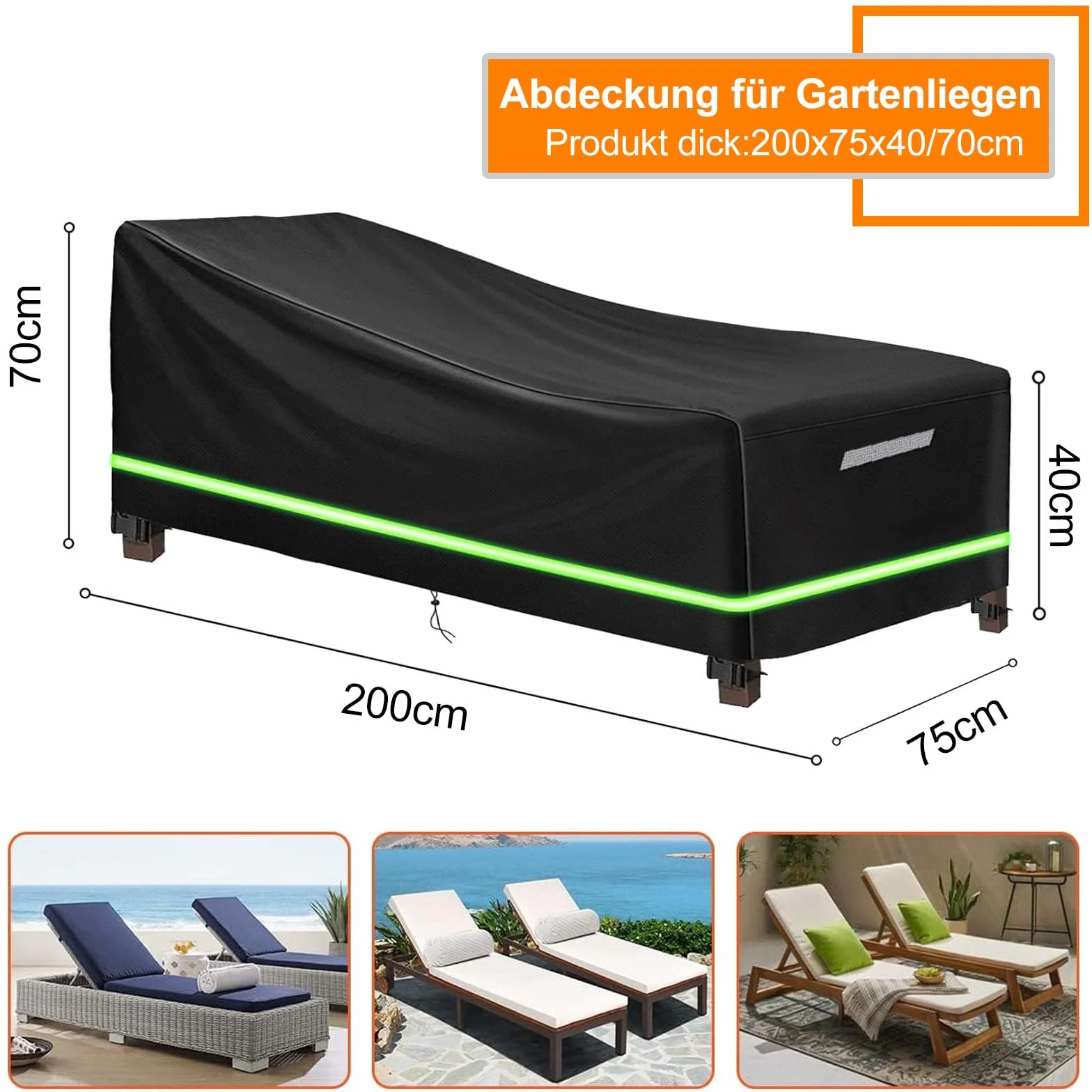 Pokrowiec na leżak ogrodowy 200x70x40/75 cm wodoszczelny 210D Oxford UV odporny z odblaskowymi paskami
