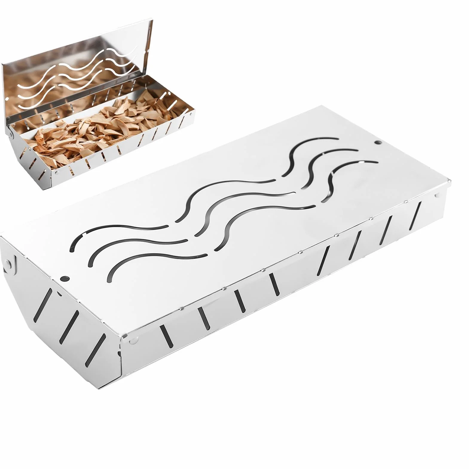 Puszka wędzarnicza stal nierdzewna drewniana skrzynka z chipami akcesoria do grill Vented Lid Design 24,5 x 11,7