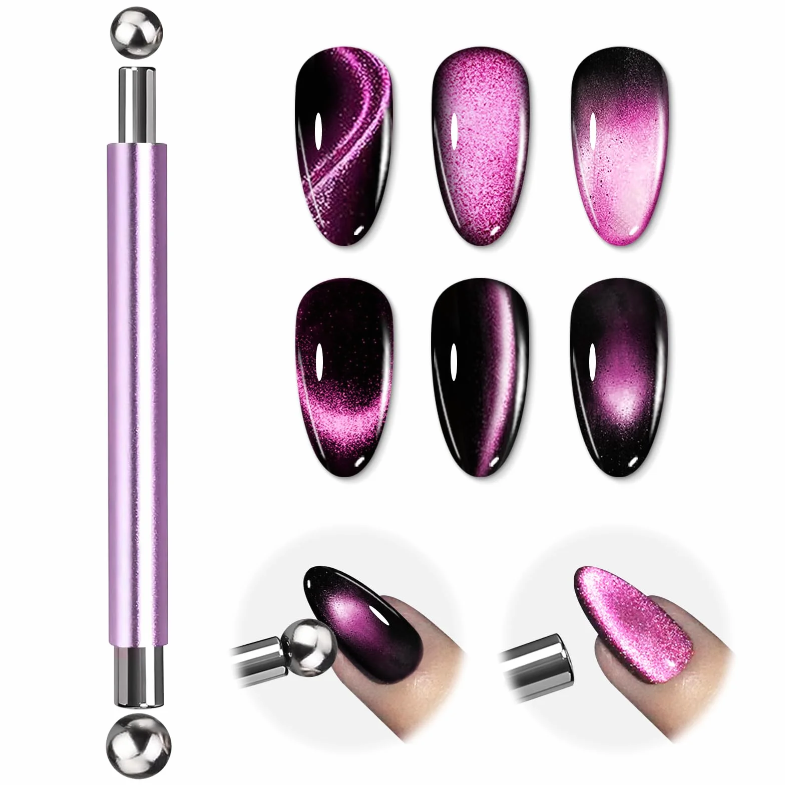 EBANKU Dwustronny Cat Eye Nail Magnet Stick Set, 3 w 1 Magnetyczny Długopis do Zdobienia Paznokci z Okrągłymi Koralikami, żelowy Lakier do Paznokci Cat Eye Magnetic Tools for Nail Salon(Fioletowy)