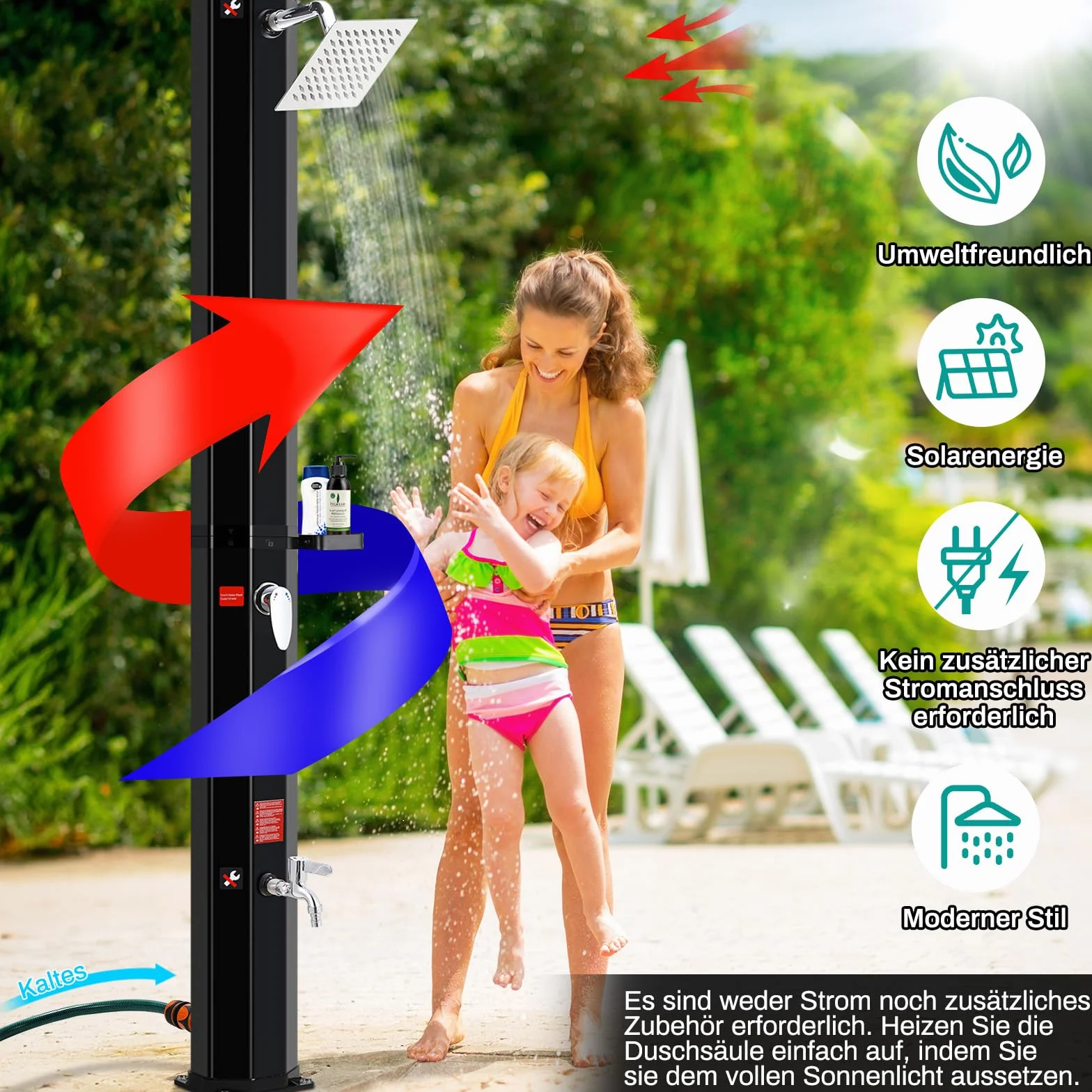 LIFERUN Prysznic solarny 40 l, prysznic ogrodowy, ciepła woda do 60°C, z deszczownicą, kranem, skrzynką na mydło i pokrowcem ochronnym, prysznic basenowy, na kemping, do ogrodu, na balkon i basen, bez