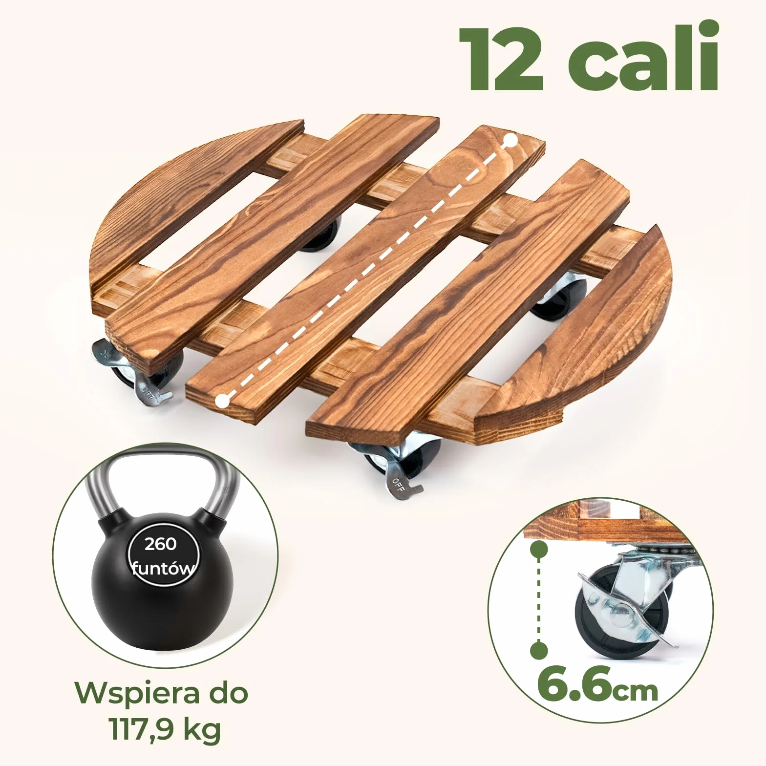 Bamworld Rolki do Roślin Drewniane Okrągłe Zestaw 2 szt.stabilna rolka do roślin outdoor odporna na warunki atmosferyczne z hamulcem, podstawka pod doniczkę z kółkami Ø 30.5 cm