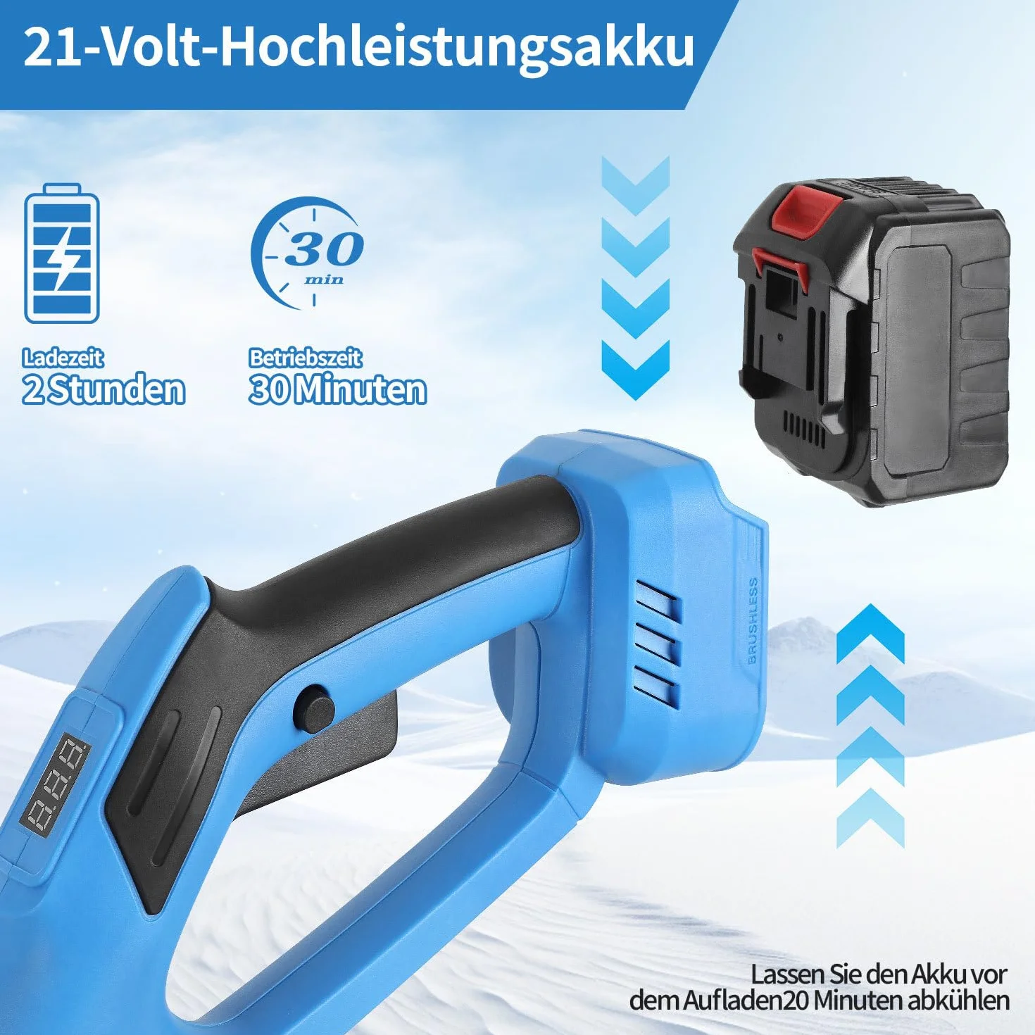 Odśnieżarka akumulatorowa 21 V 1000 W z 2 akumulatorami 4500 mAh i ładowarką, szerokość robocza 25 cm, wysokość śniegu 15 cm, zasięg wyrzutu 8 m, silnik bezszczotkowy, lekka (3,6 kg