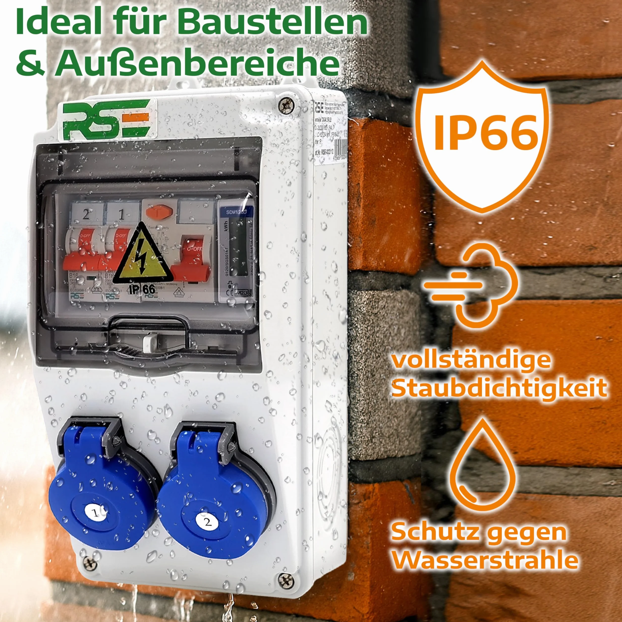 RSE Rozdzielacz prądu budowlanego rozdzielnica ścienna w pełni okablowany 230 V Schuko z licznikiem do wyboru IP65, 9. 6 x 230 V z LS + FI + licznikiem