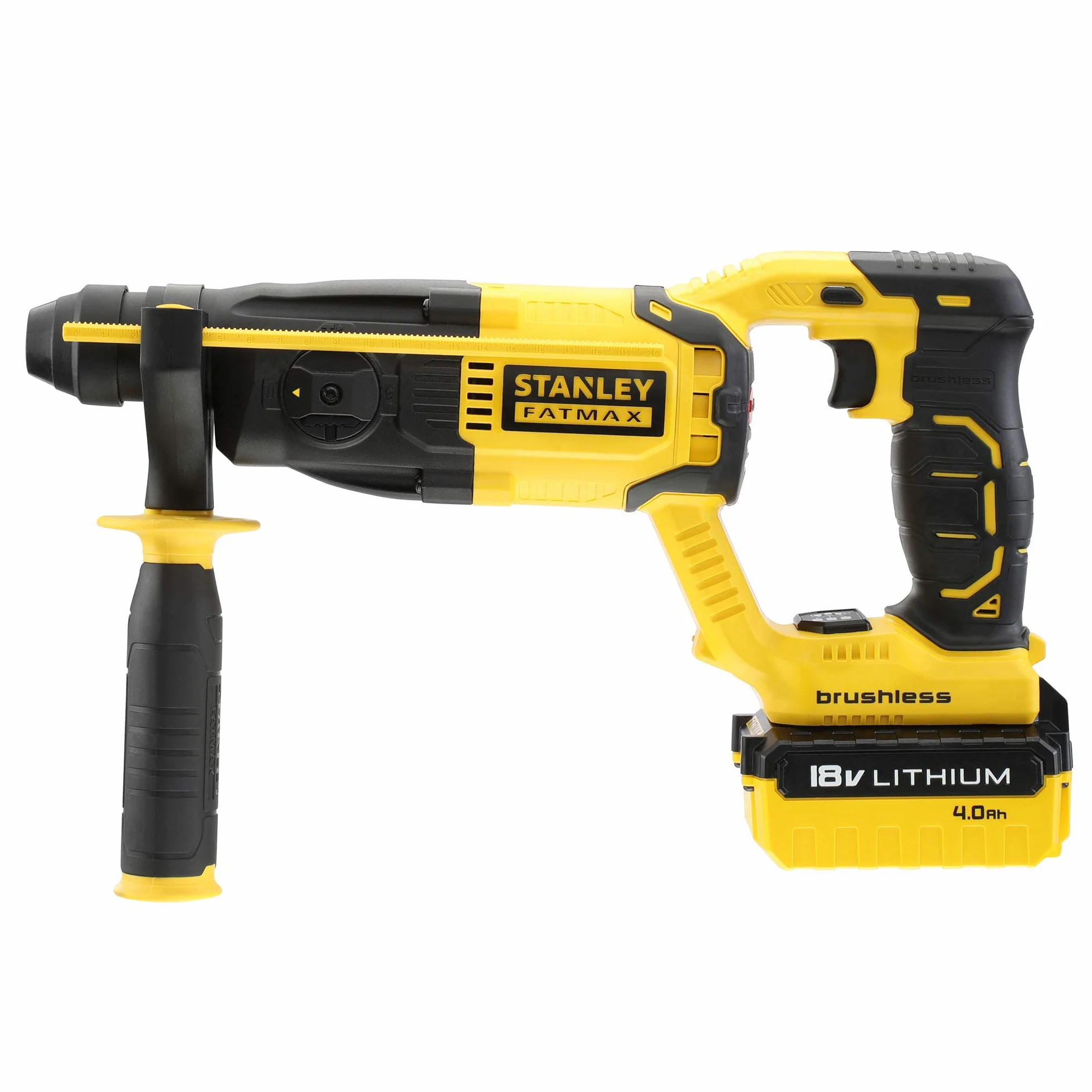 Stanley FATMAX Młotek udarowy SDS-Plus 18V BRUSHLESS z 1 baterią 4 Ah + 1 torbą 1,5J Prędkość 0-2,200 obr/min 5,775 ipm Wytrzymała i ergonomiczna seria FMCD900M1S-QW