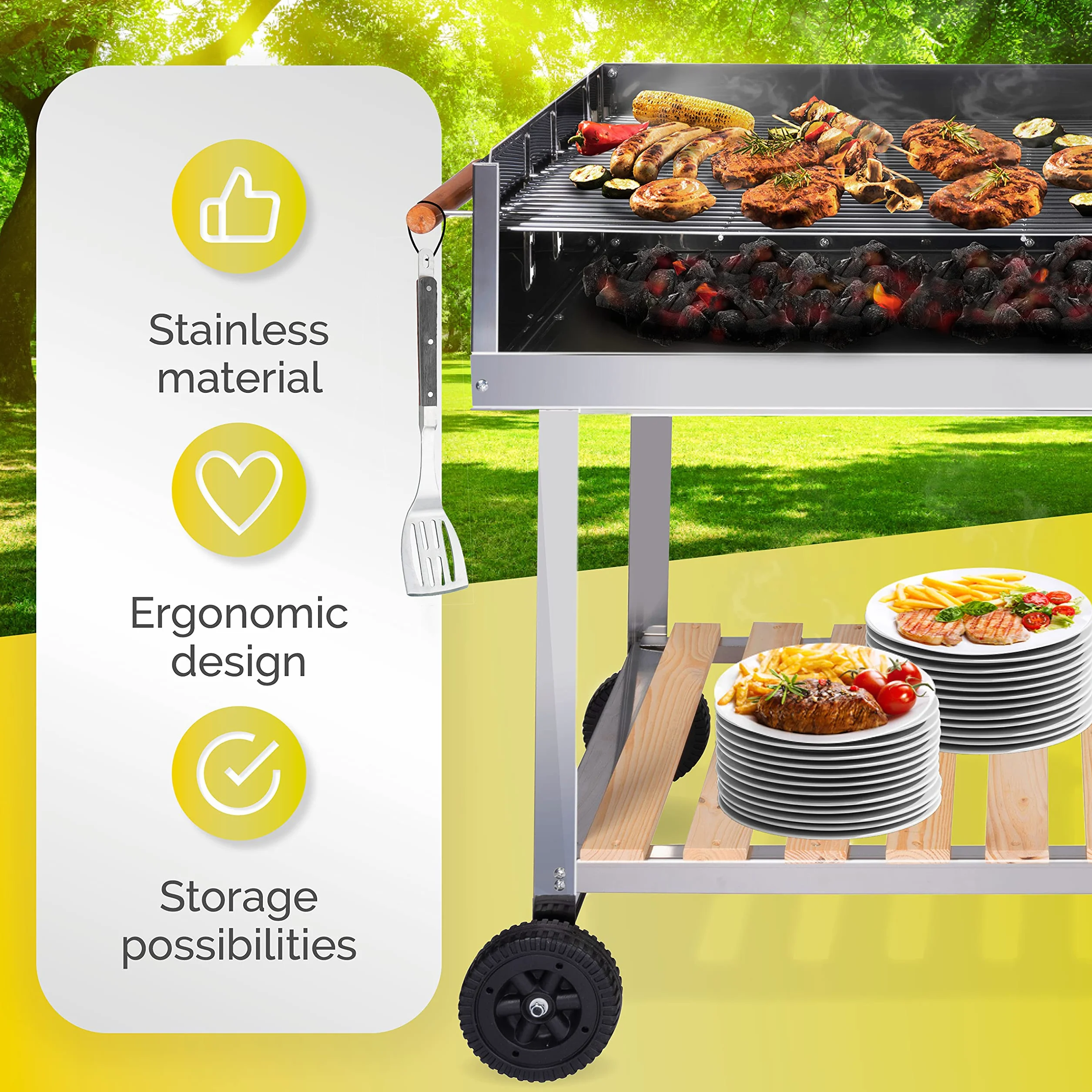 BBQ Collection Wózek grillowy na kółkach - węgiel drzewny - wózek - stal nierdzewna