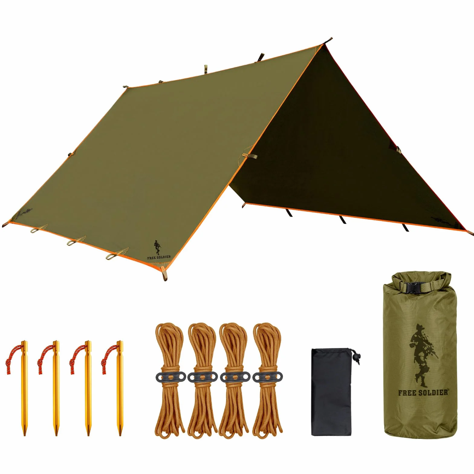 FREE SOLDIER Tarp wodoszczelna plandeka 4 x 4 m, ultralekka plandeka namiotowa, ochrona przed promieniowaniem UV, na kemping, kemping, wędrówki, aktywności na świeżym powietrzu