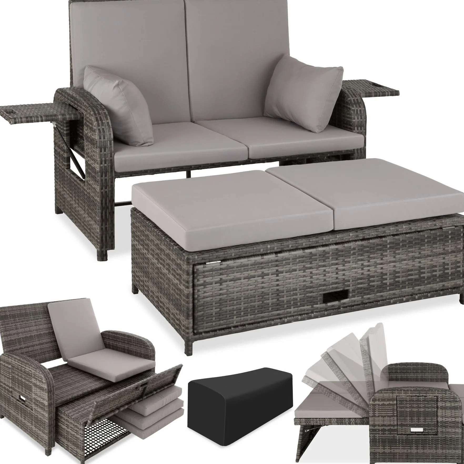 tectake® Sofa Ogrodowa z Technorattanu, Multifunkcyjna z Systemem Sprężyn, Regulowane Oparcie, Wodoodporne Poduszki, Bez Montażu, z Pokrowcem (Szary)