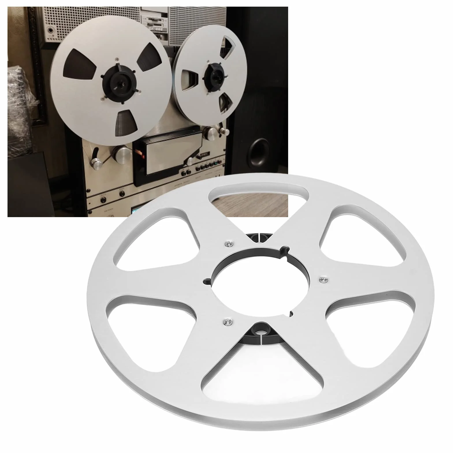 10-calowa Otwarta Szpula Audio Aluminiowa Szpula Odbiorcza, Pusta Szpula Odbiorcza na małą piastę, Magnetofon Szpulowy na taśmę magnetofonową na Taśmy 1/4 Cala, Magnetyczna (Srebrny kolor)