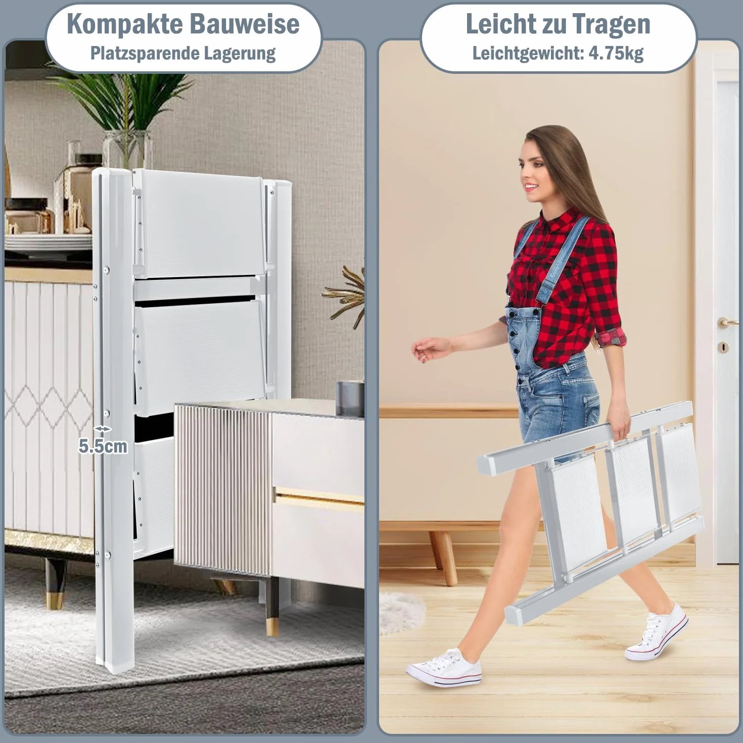 Aluminiowa drabina składana 3 stopnie - przenośny antypoślizgowy podnóżek do domu, kuchni, biura - lekka, maksymalne obciążenie 150 kg