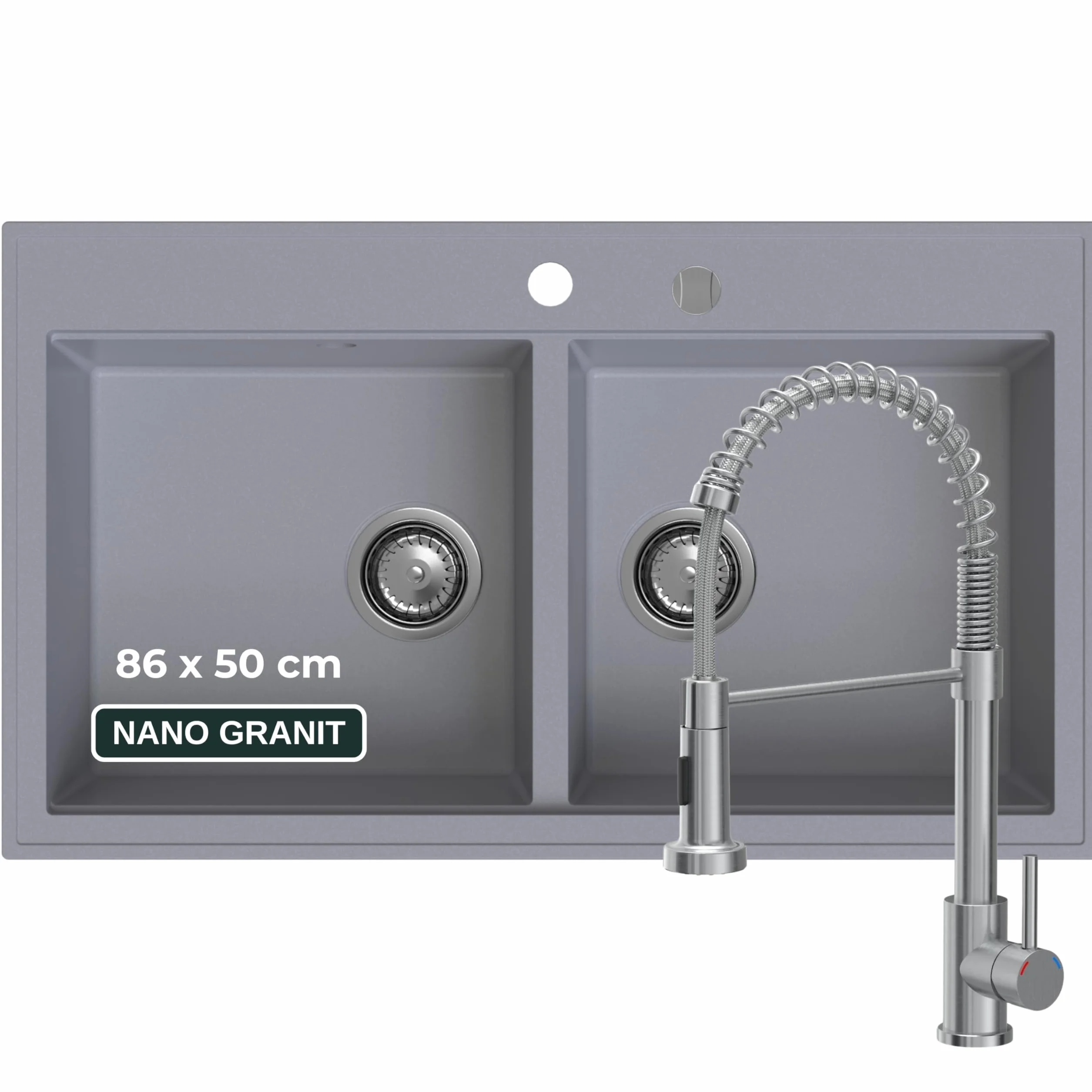 SINK QUALITY podwójny zlew szary z armaturą, zlewozmywak granitowy podwójny 86 x 50 cm, podwójny zlew z syfonem i substancją impregnującą, 2 umywalki zlewozmywak kuchenny od szafki pod umywalkę 85