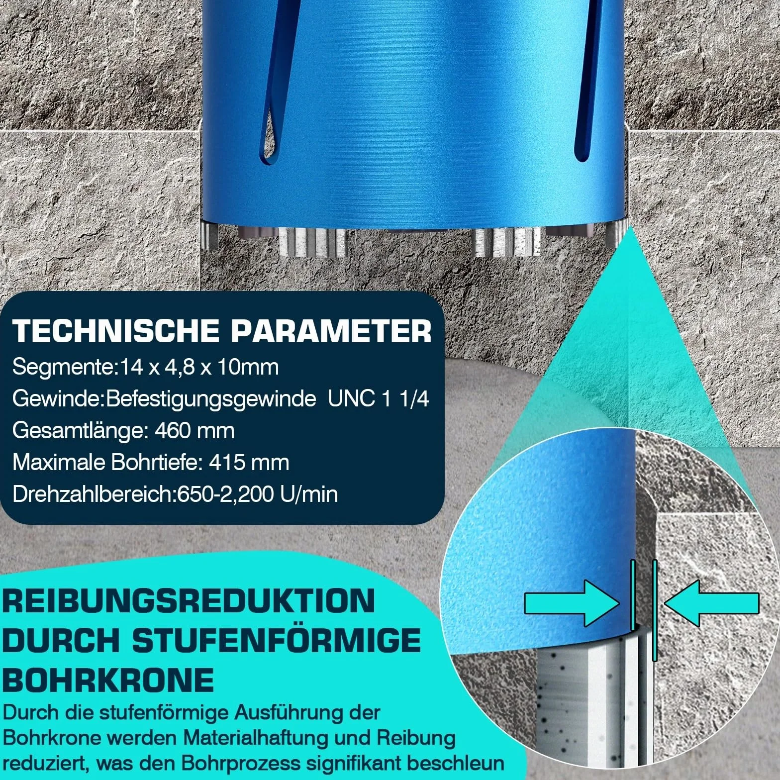 M22 diamentowe wiertło rdzeniowe do wiertarki rdzeniowej z turbo, w zestawie SDS-Max, Ø 162 mm, długość całkowita 200 mm, wiertło do puszek na mokro i na sucho wiertło do puszek diamentowe koronka