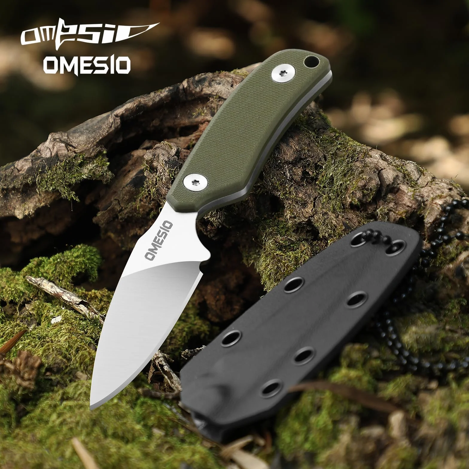 Nóż Omesio Neck Mały nóż ze stałym ostrzem ze stali D2 zgodny z 42a Rękojeść G10 Full Tang z pochwą z Kydexu, Spear Point