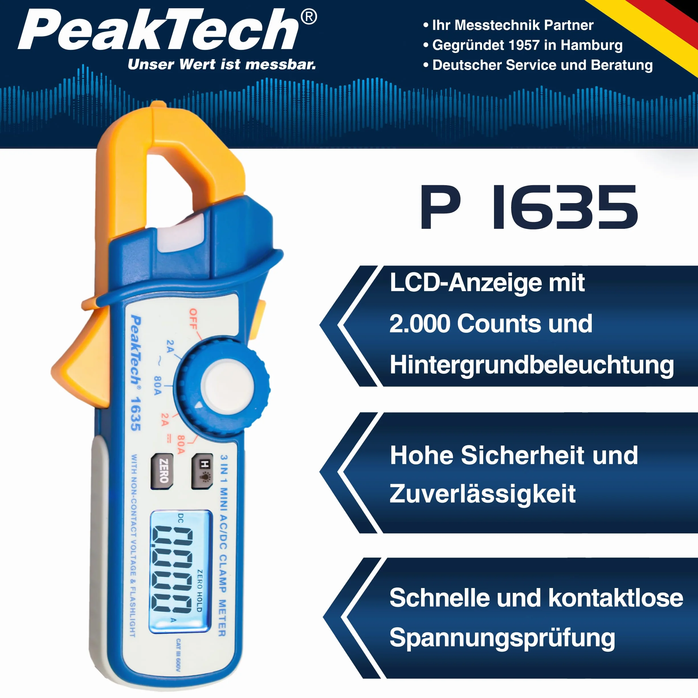 PeakTech P 1635 - Miernik cęgowy prądu/cęgowy prądu upływu ~ 2400 zliczeń ~ 2/80 A AC/DC