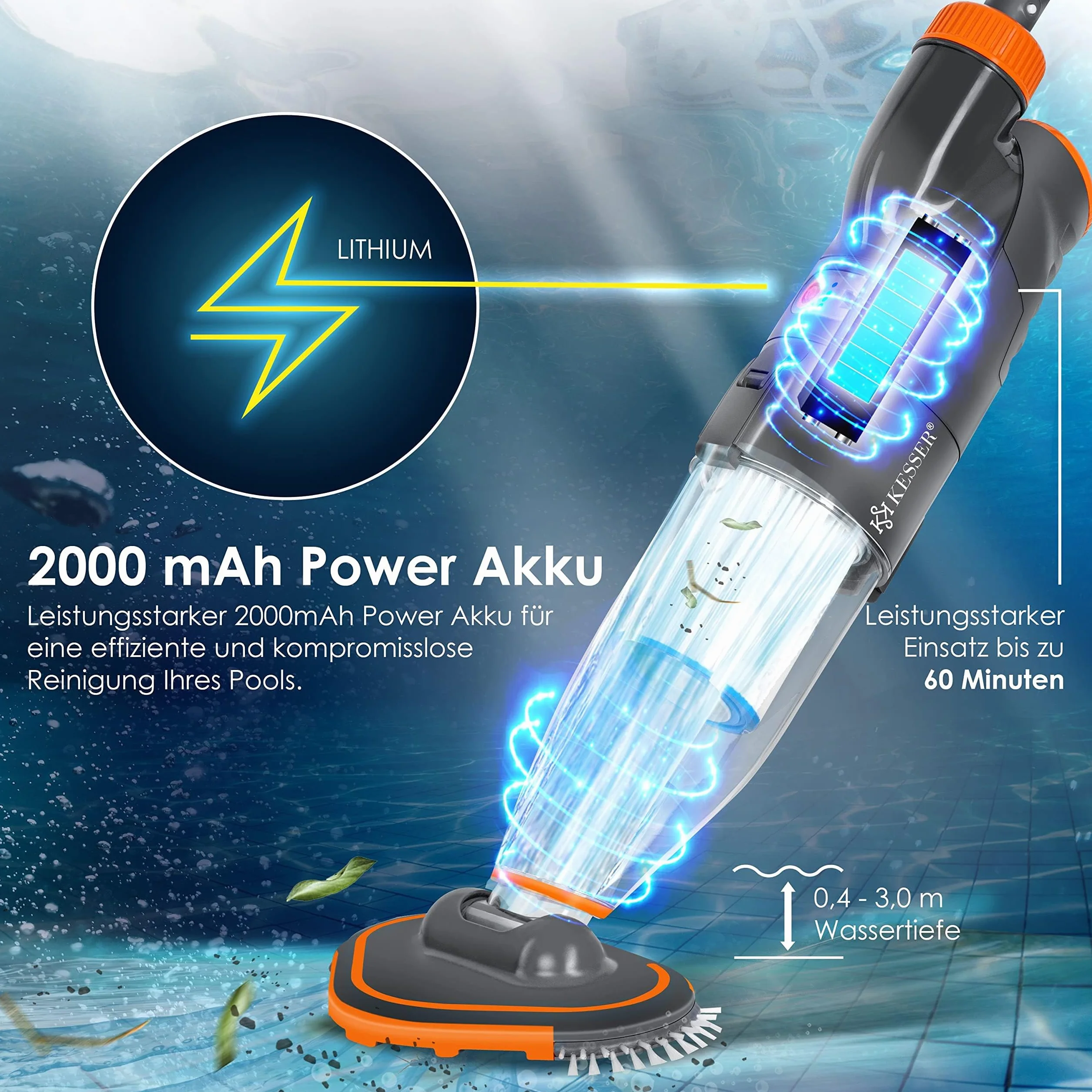 KESSER Elektryczny odkurzacz basenowy bezprzewodowy z akumulatorem 2 prędkości do 15 m³