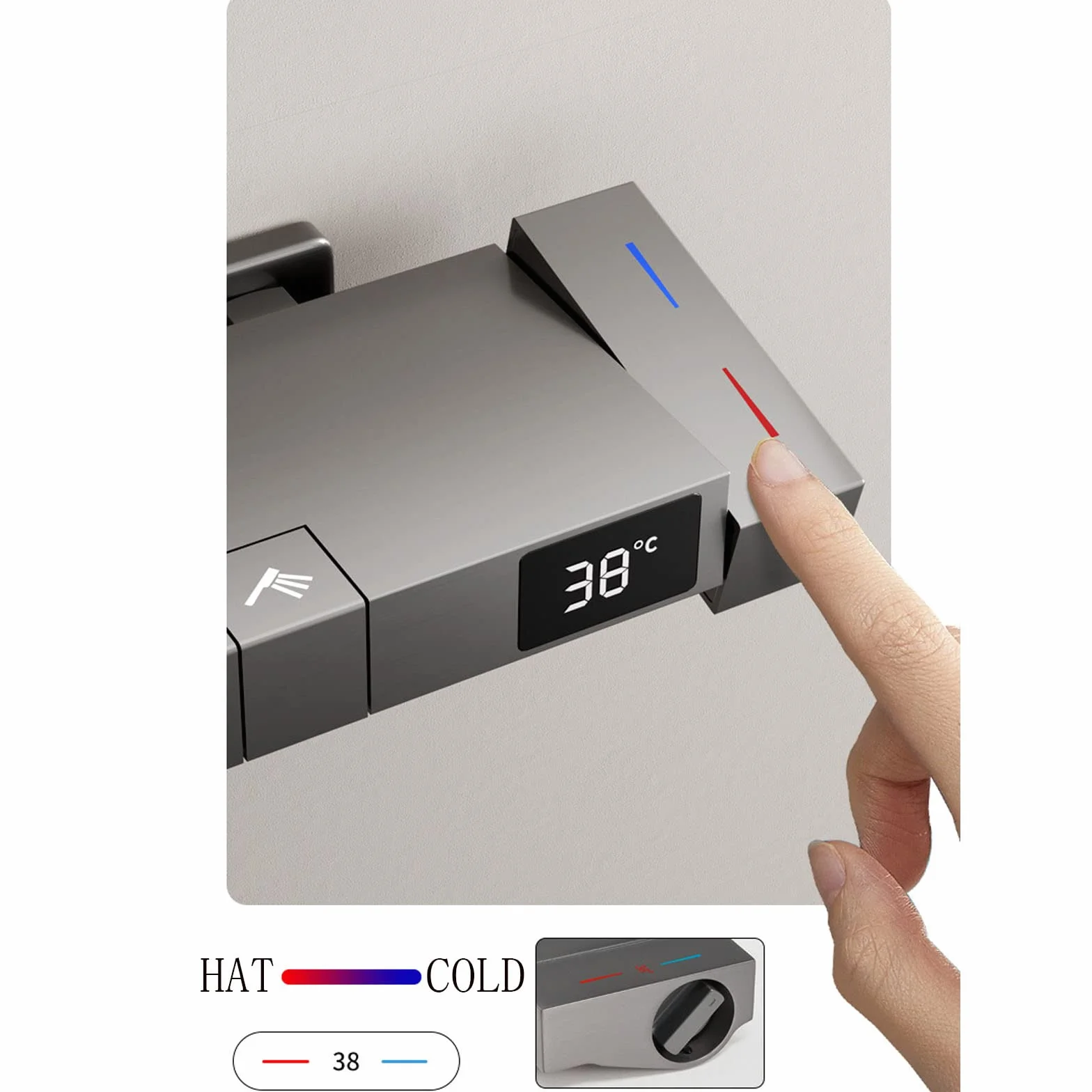 Zestaw prysznicowy termostatyczny w kolorze szarym, wyświetlacz temperatury, system natryskowy na zewnątrz, głowica natryskowa z deszczownicą i ręczną baterią prysznicową do łazi