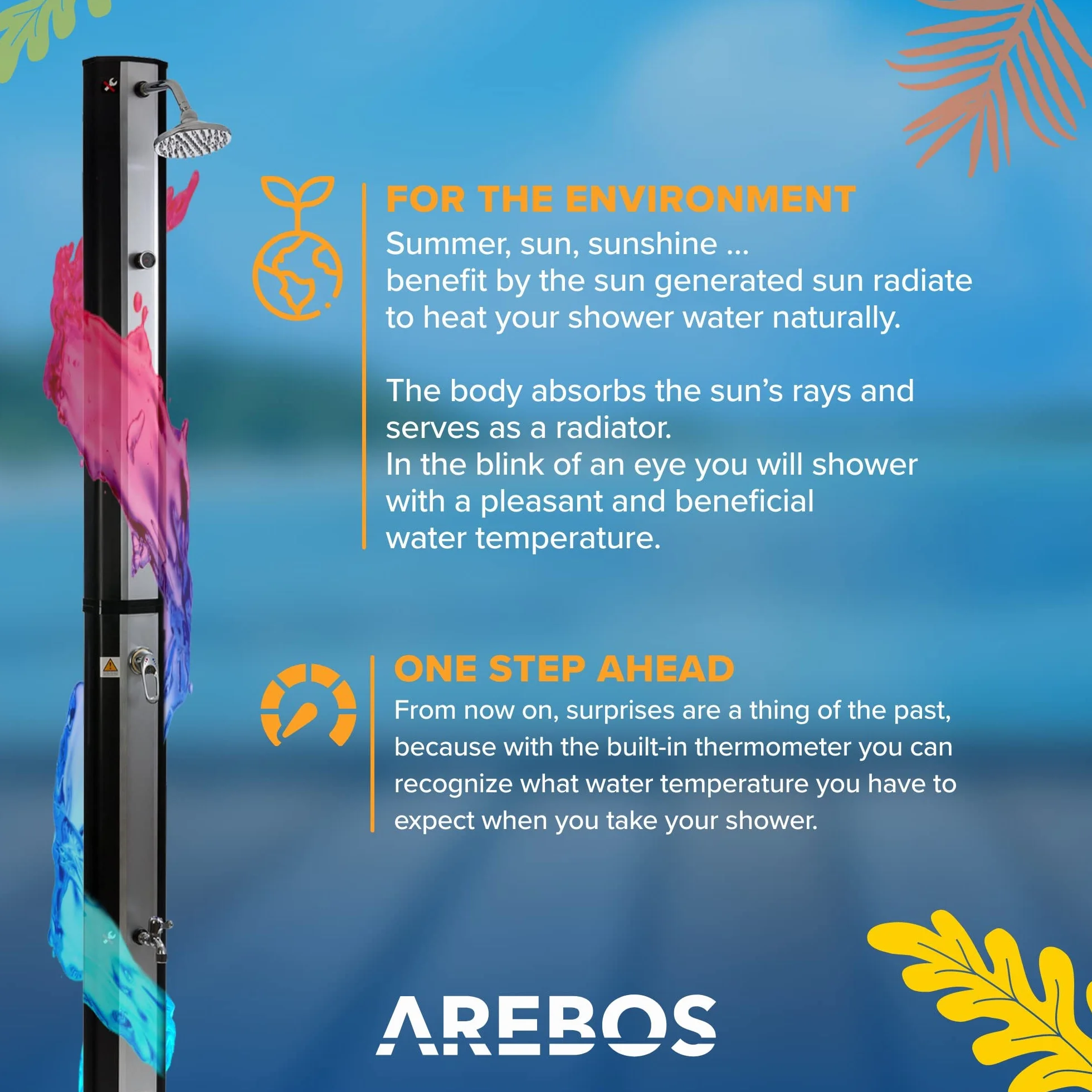 AREBOS Solar Shower 35 litrów 216cm Prysznic ogrodowy z termometrem