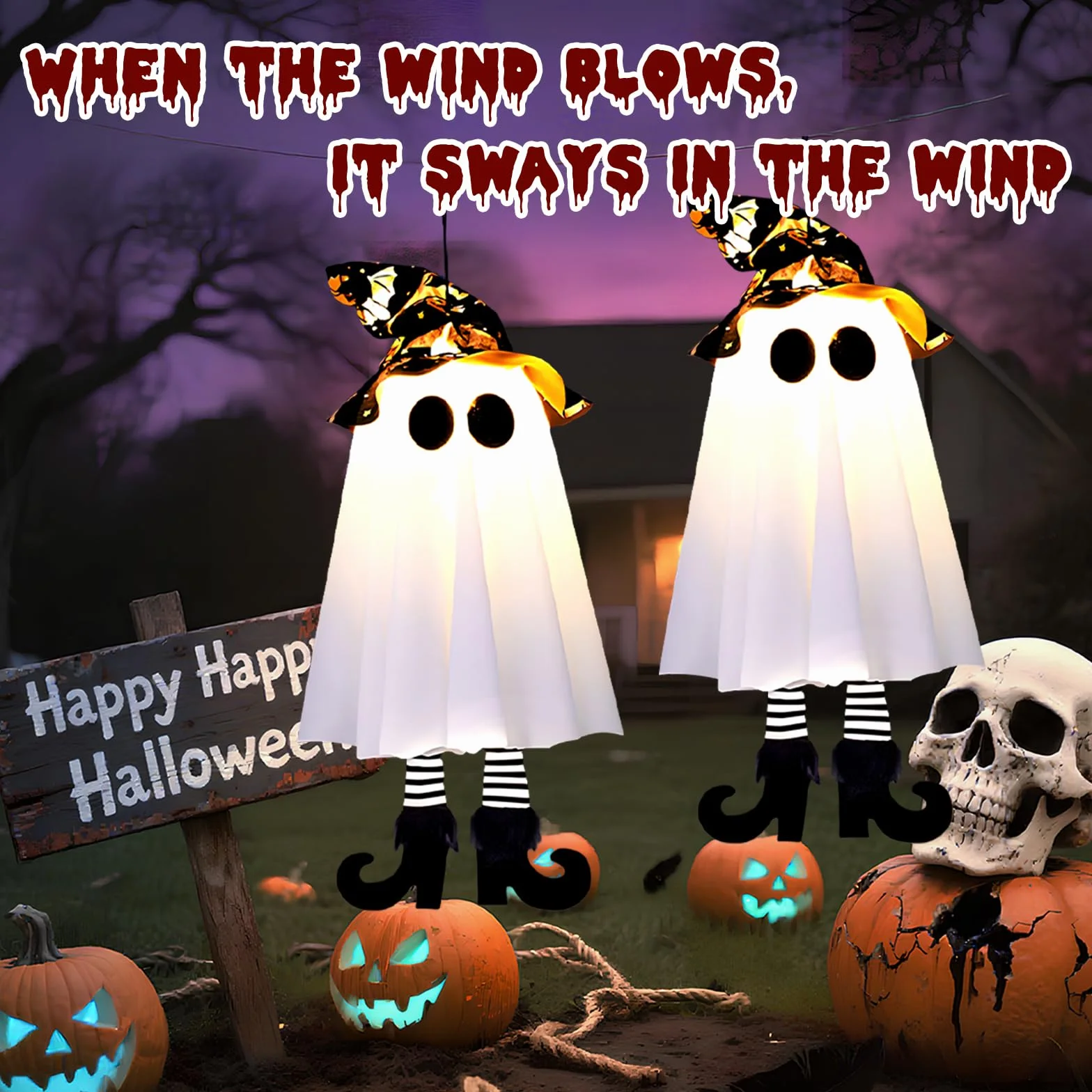 ZoneYan Zestaw 2 duchów Halloween wiszące dekoracje biały czarny