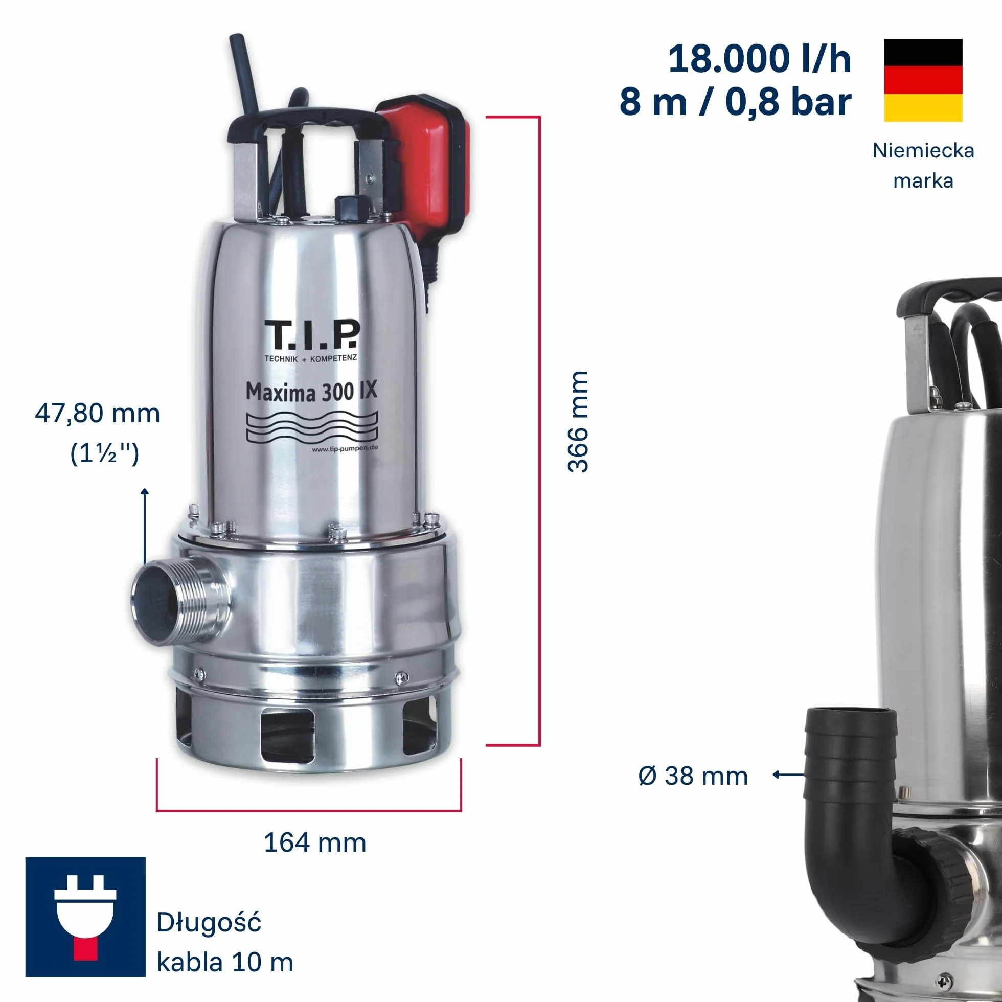 T.I.P. TVX 7000 Pompa Zatapialna do Brudnej Wody, 10m Wąż, Automatyczna, Edelstahl