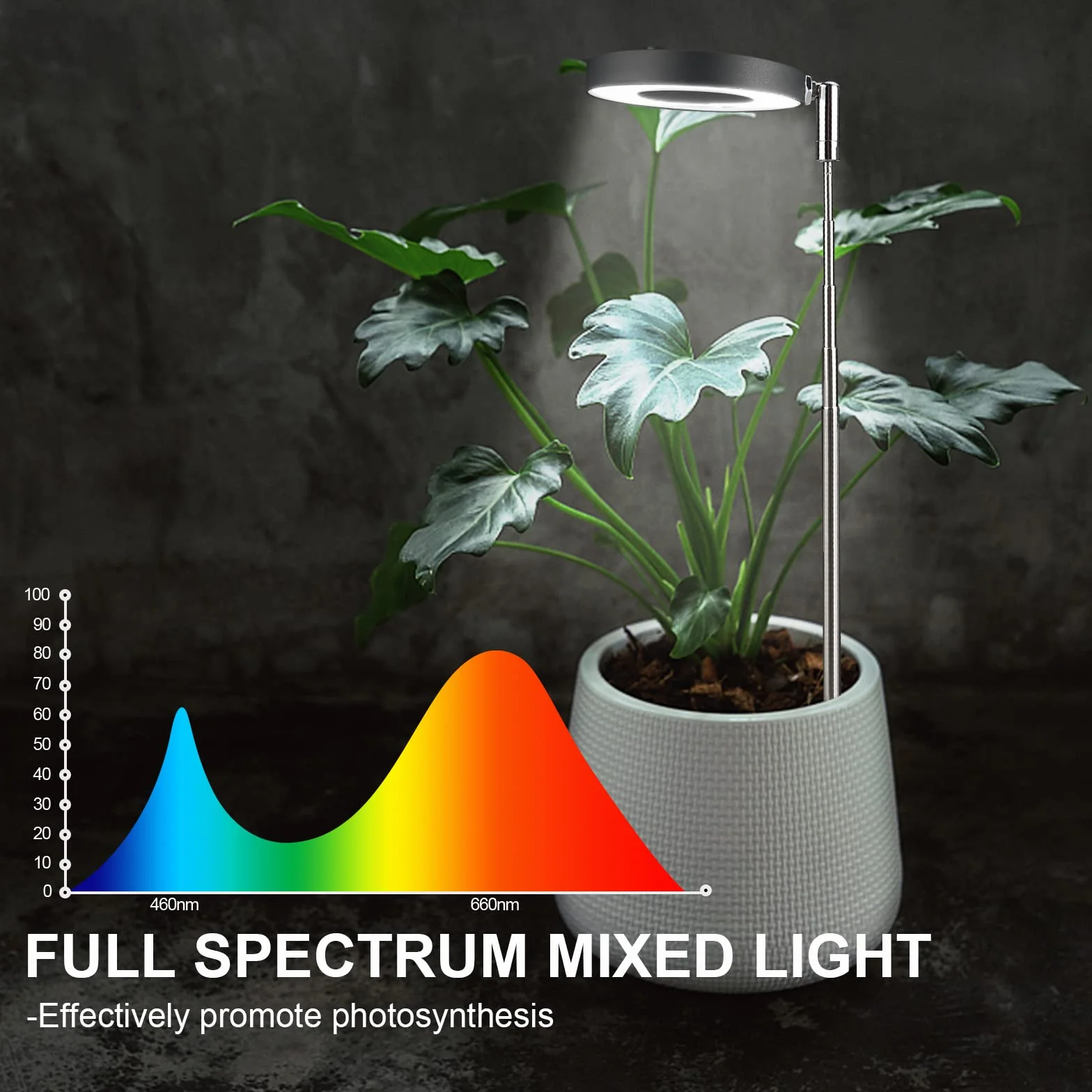 Lampa roślinna LED Full Spectrum do uprawy, regulowana wysokość, timer 3/9/12H, 10 jasności, 3 tryby