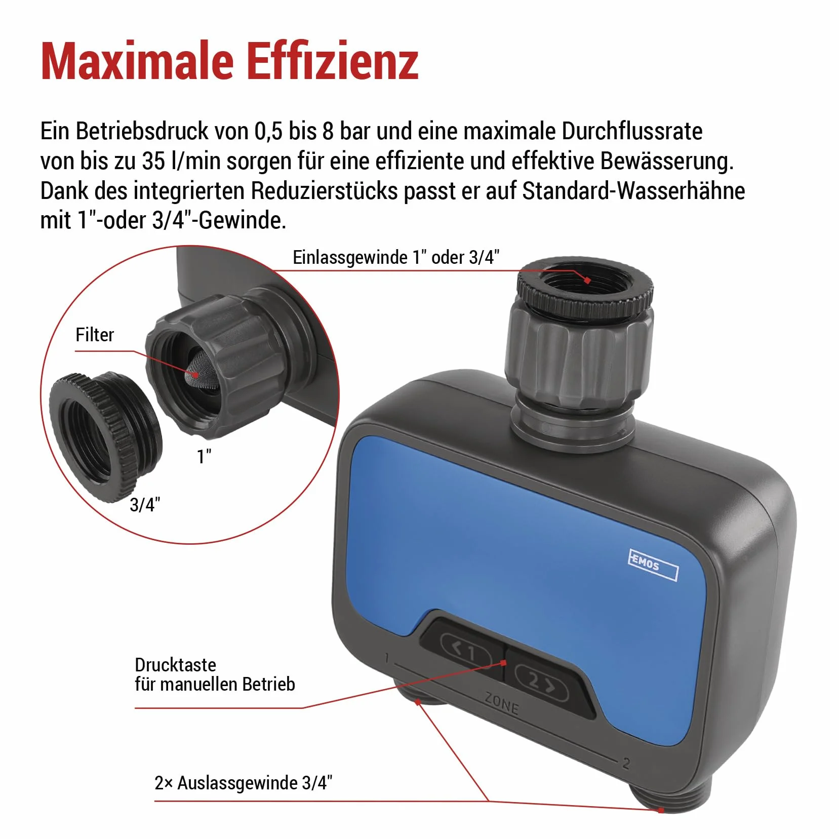 EMOS Inteligentny zegar nawadniający ZigBee 2 wyjścia 8 bar 35 l/min 1″ 3/4″