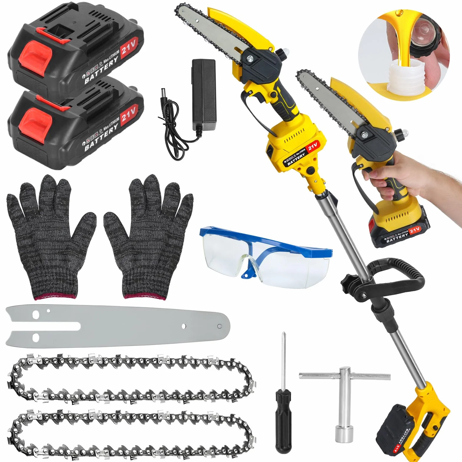 Bezprzewodowa mini piła łańcuchowa 2 w 1 21 V z 2 bateriami do przycinania drzew