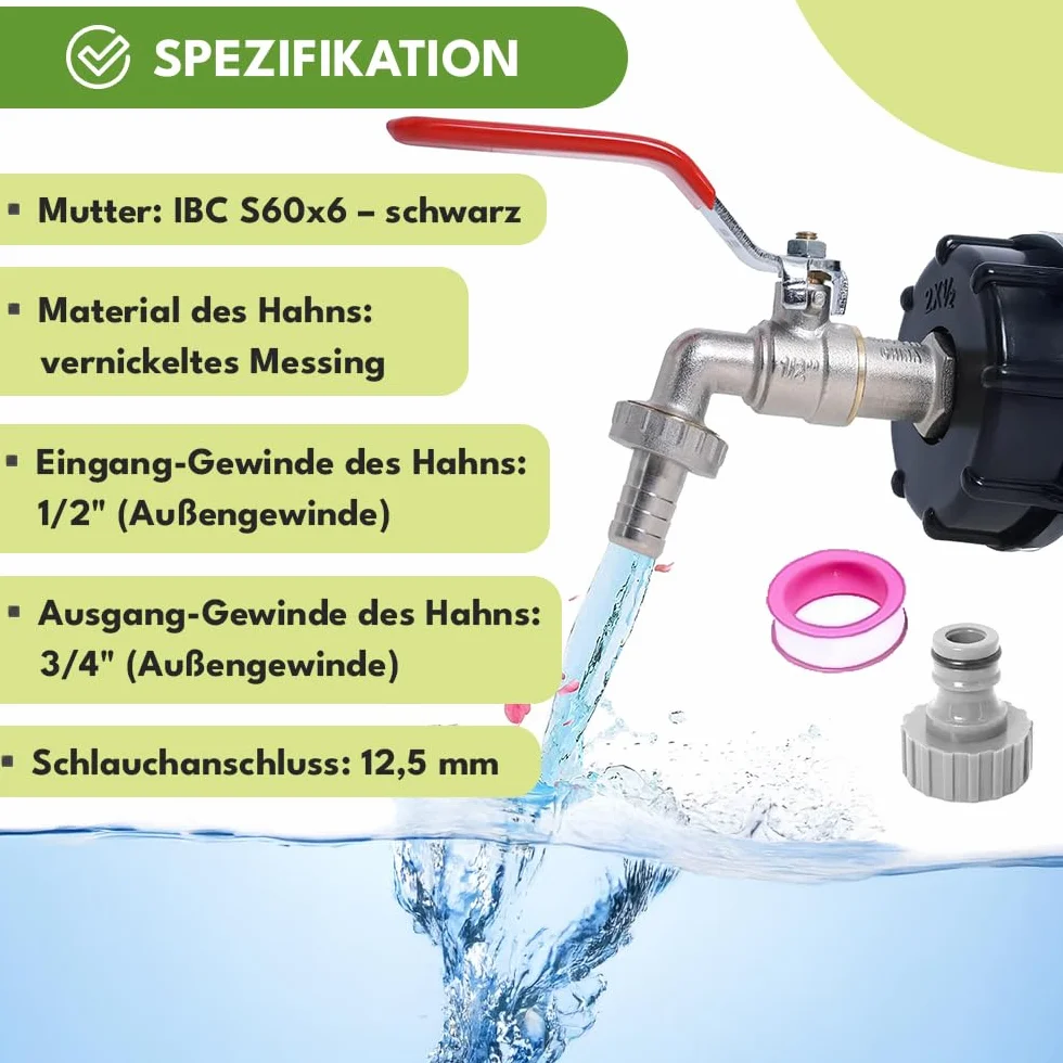 KRUMAD Zawór Kulkowy 1/2 cala, kran ogrodowy do użytku zewnętrznego, zawór czerpalny IBC S60x6, odporny na mróz i korozję, z szybkozłączką i przyłączem do węża 12,5 mm, mosiądz niklowany