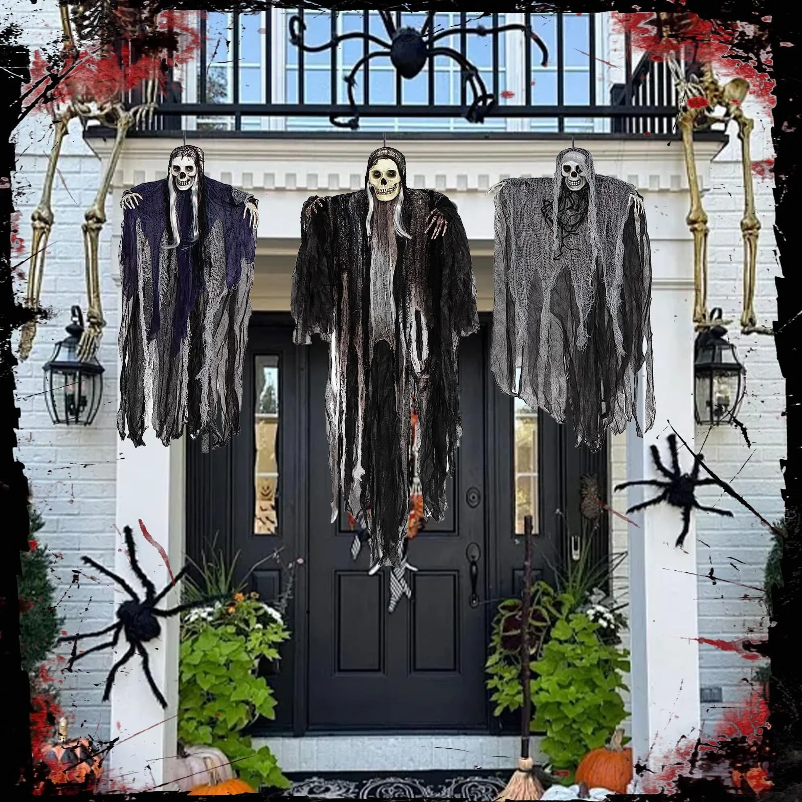 Zestaw 3 wiszących duchów Halloween, ogromny wiszący szkielet, dekoracje ogród dom (2,5 x 135 cm, 5 x 89 cm)