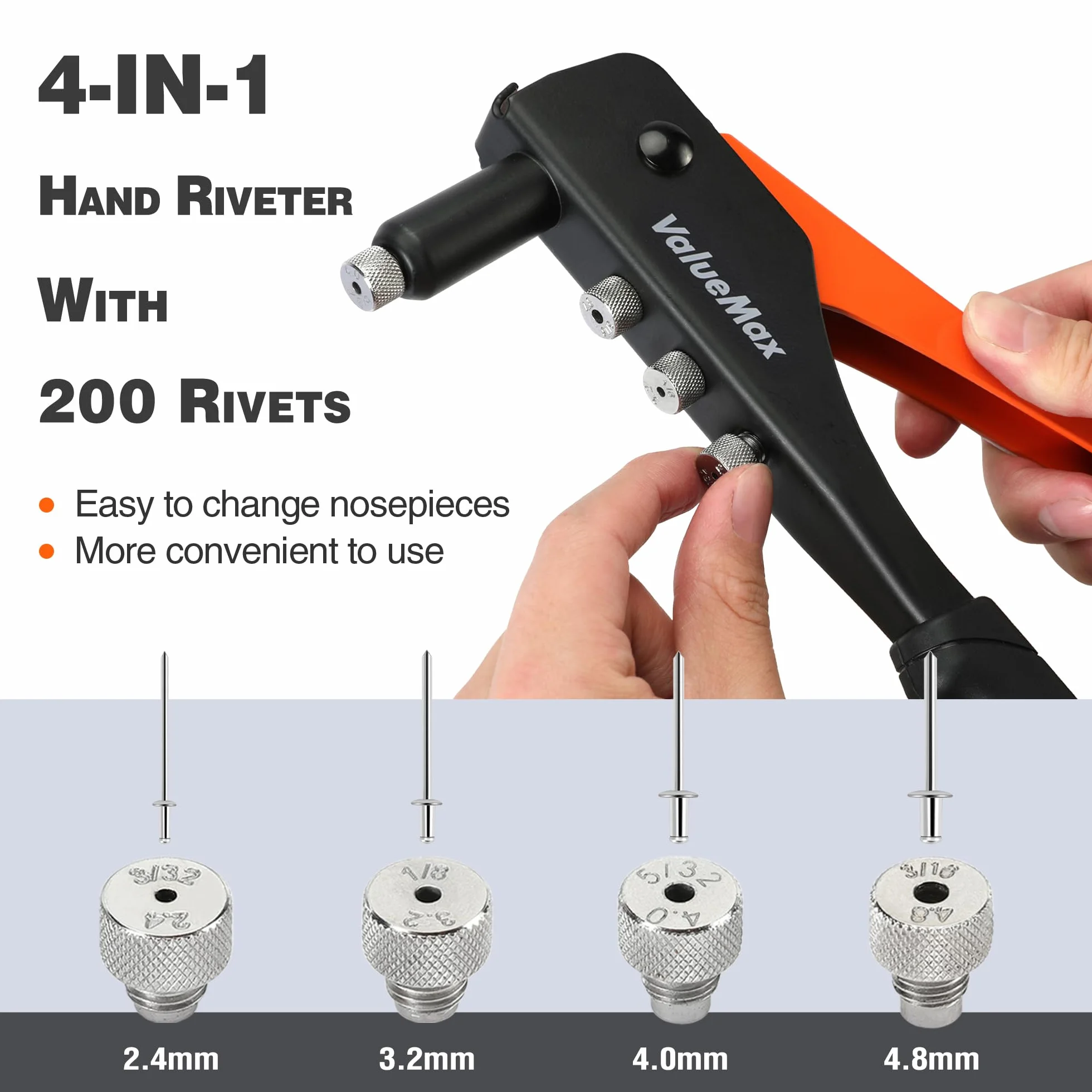 ValueMax Zestaw nitów 4 w 1 z 200 nitami, nitownica pop z 4 wymiennymi końcówkami 3/32" (2,4 mm), 1/8" (3,2 mm), 5/32" (4,0 mm), 3/16" (4,8 mm), wytrzymały zestaw nitów pop