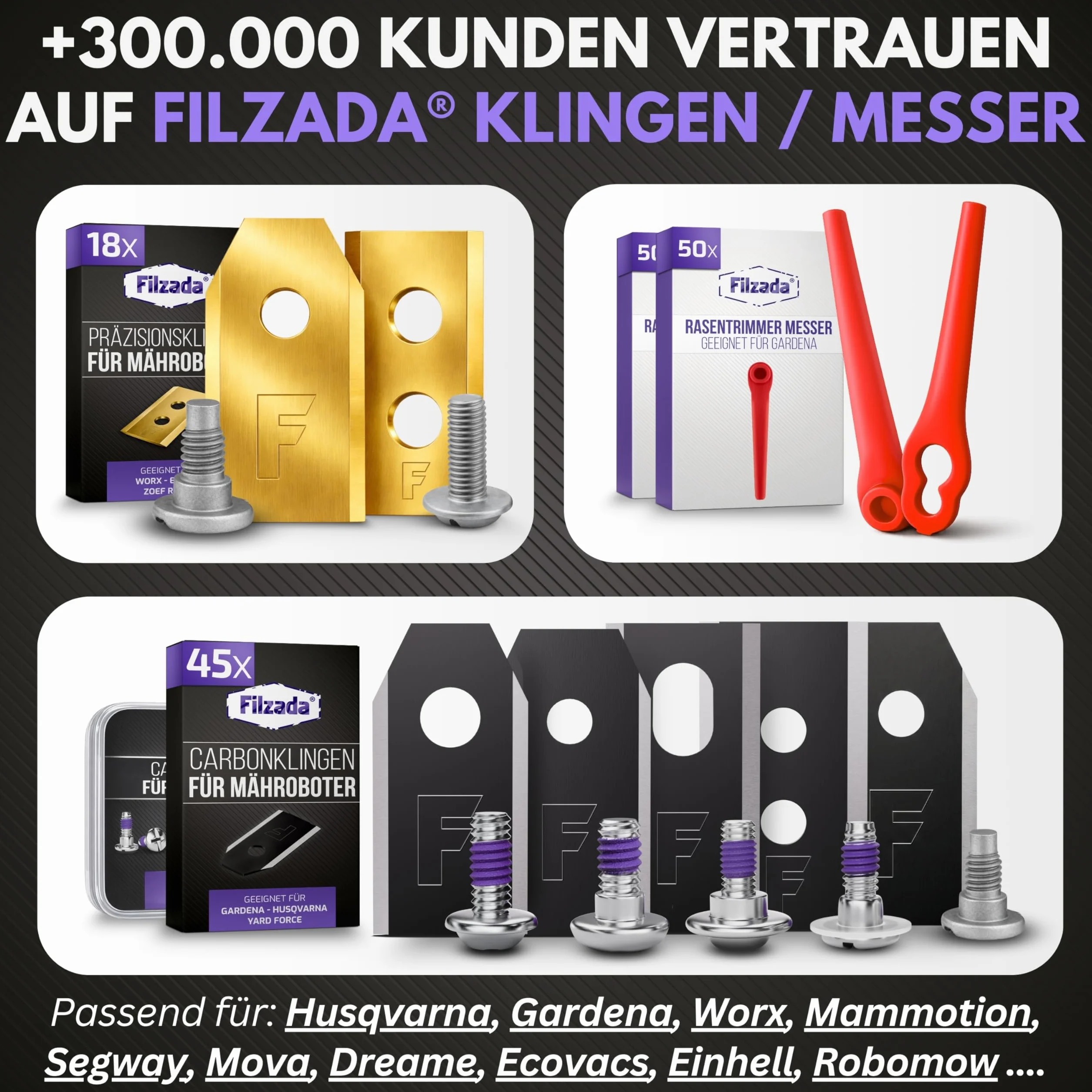 30x ostrza tytanowe LONGLIFE pasujące do wszystkich kosiarek automatycznych Husqvarna® Automower® / Gardena® - (3g - 0,75mm) + 30 śrub - pasują do kosiarek automatycznych 105, 310, uvm