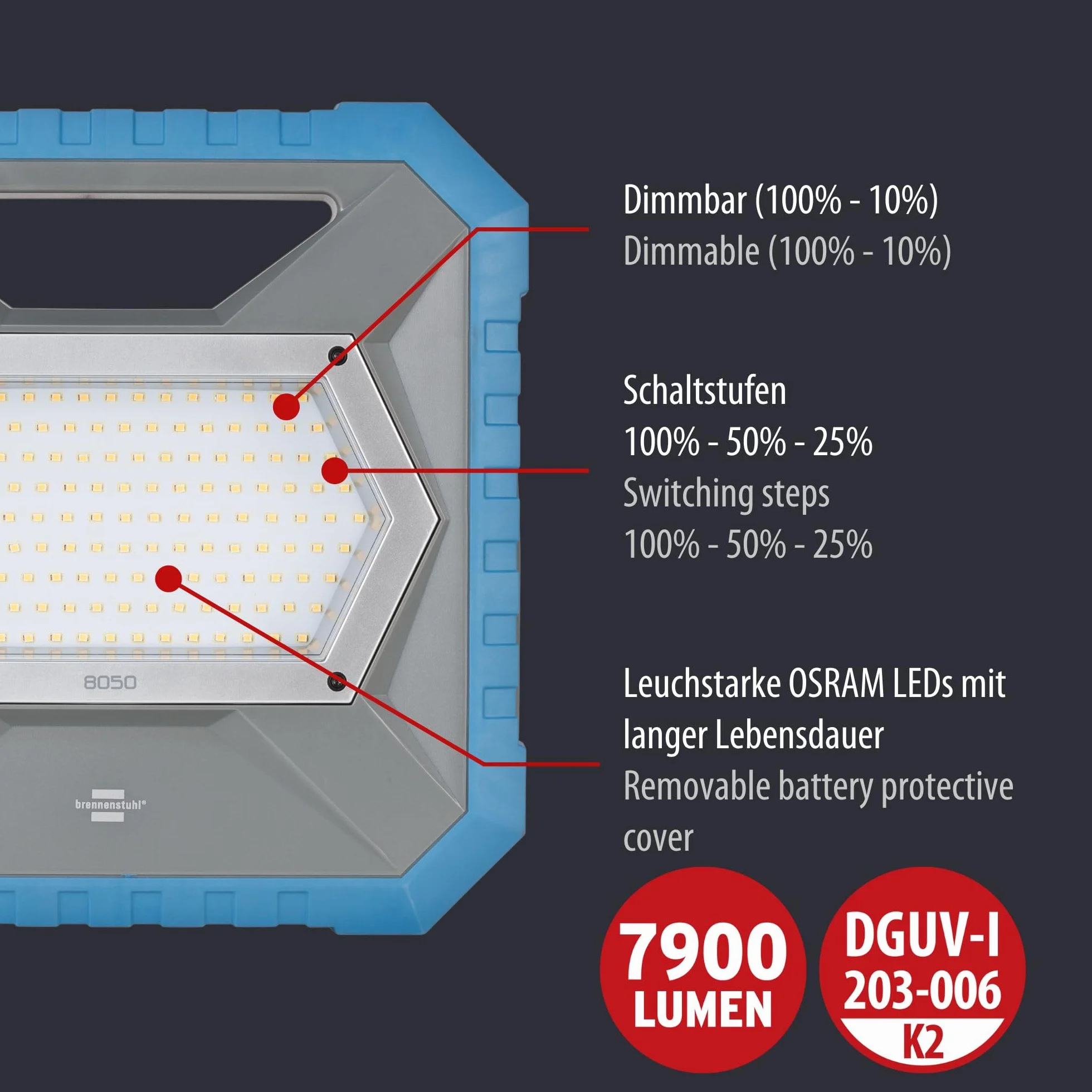 Brennenstuhl Reflektor LED BS 8050 MH (kompatybilny z systemem akumulatorowym Bosch Professional 18V, 80W, 5m kabel RN, 7900lm, bez akumulatora)